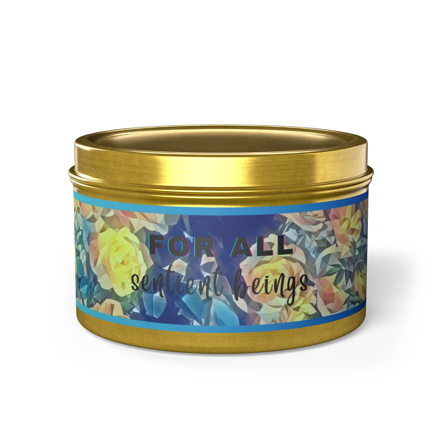 Scented natural candle with vibrant floral poly art design in sleek gold tin container. 'For all sentient beings' compassionate wisdom message.