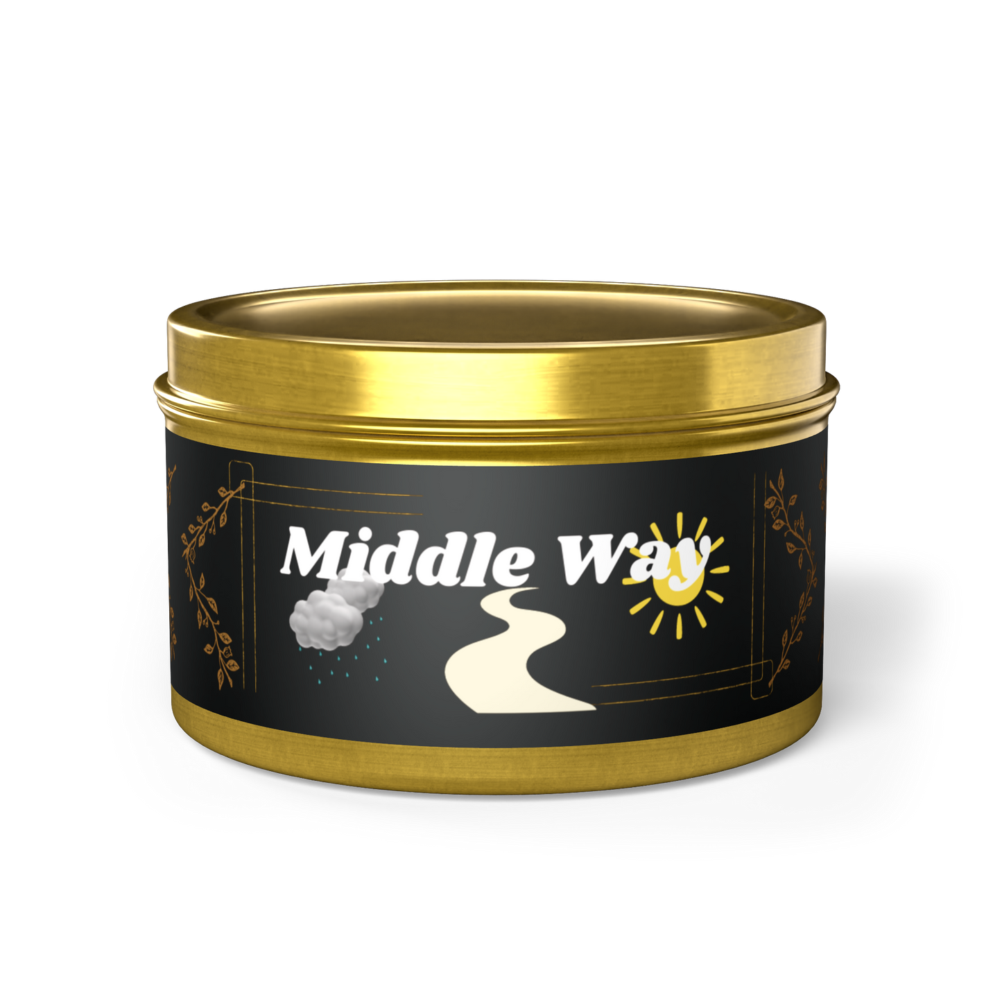 A scented candle of wisdom and consciousness, this Middle Way Candle embodies a peaceful and fruitful philosophy in a shiny gold container. Elegant design with a walking pathway.