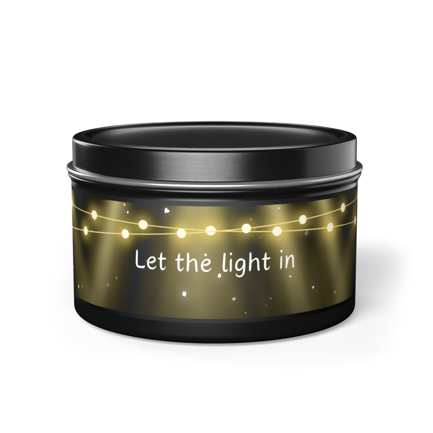 'let the light in' scented wellness candle in black container with original lighted design.