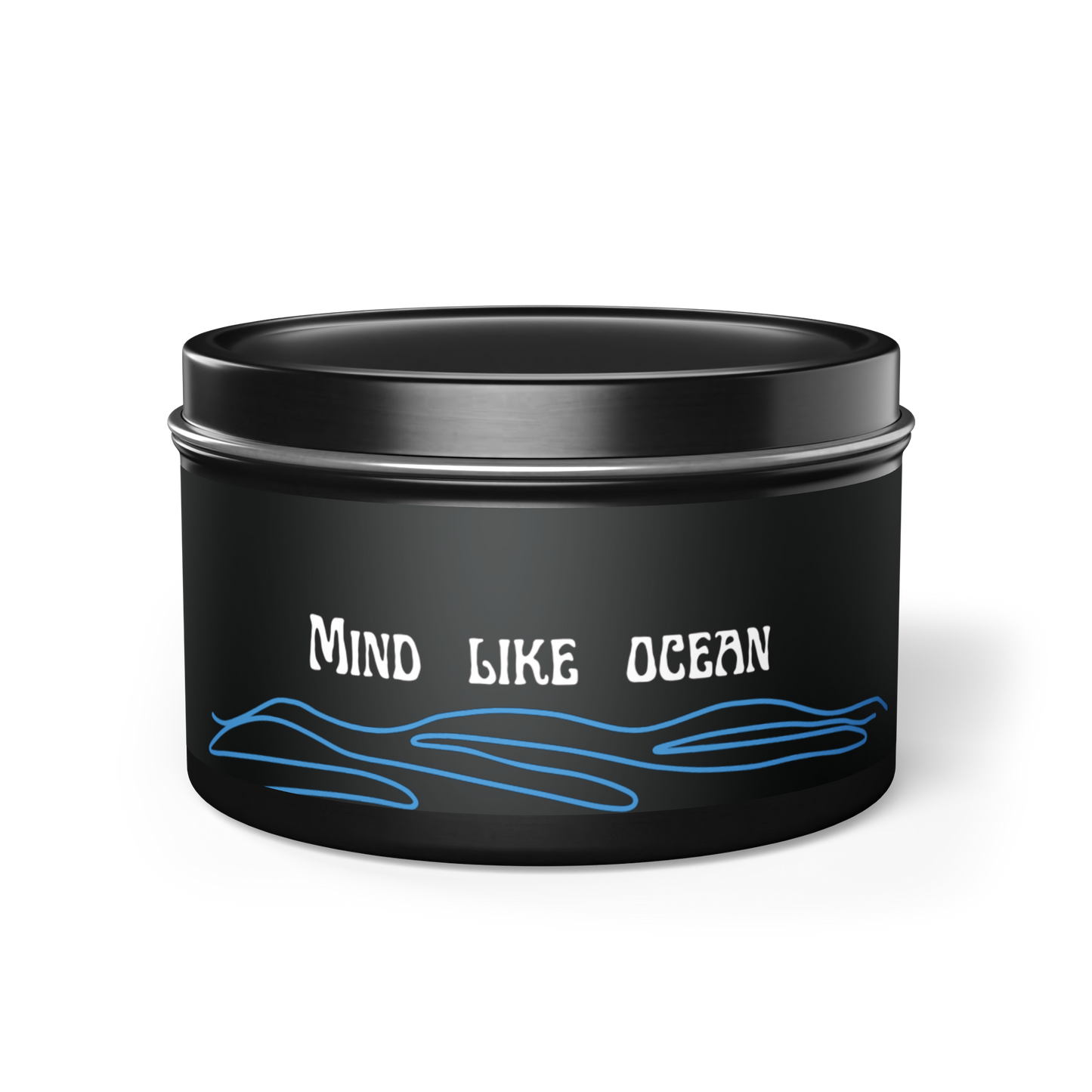 Scented candle sleek black tin. Minimalist design with subtle water drawing and 'mind like ocean' mindfulness message.