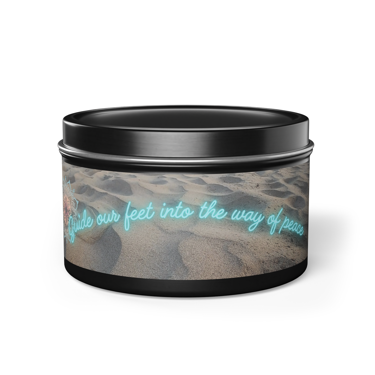 Black steel tin candle with natural wax, 5 refreshing scent options. Original sand beach design with neon 'guide our feet into the way of peace' message.