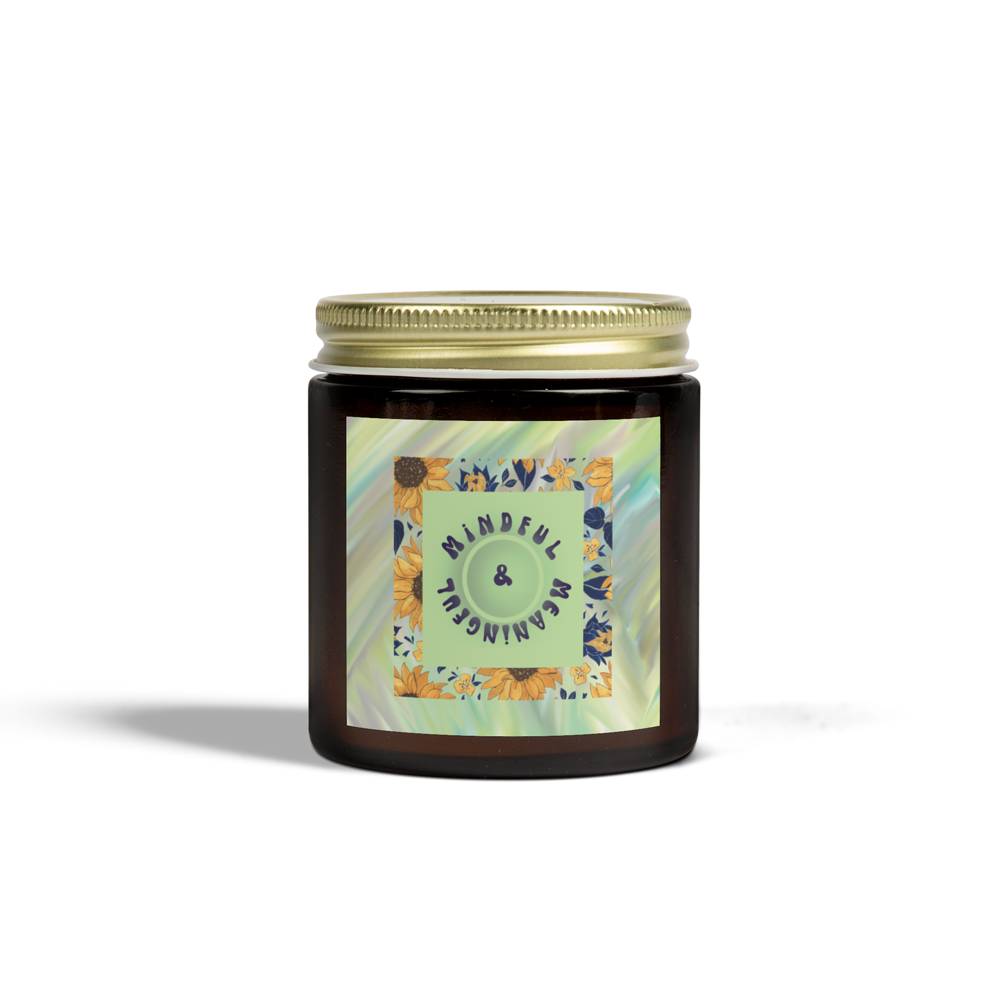 Coconut Apricot Mindset Candle with Mindful Meaningful layered design of neon script to sunflowers to pastel backdrop