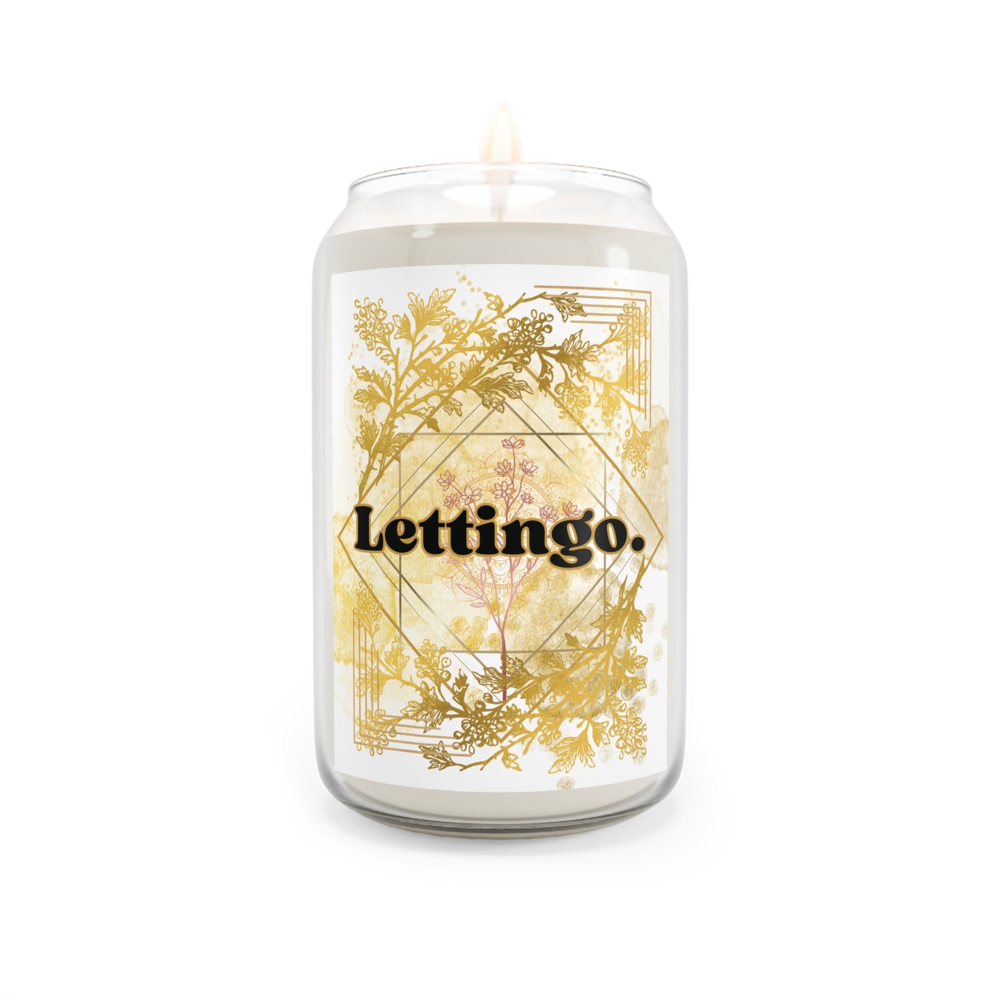 message candle with 'lettingo' a words. A wisdom, well being, happiness inspiration with a gold nature motif design that gives a 1920s glamor meets art deco meets consciousness vibe.