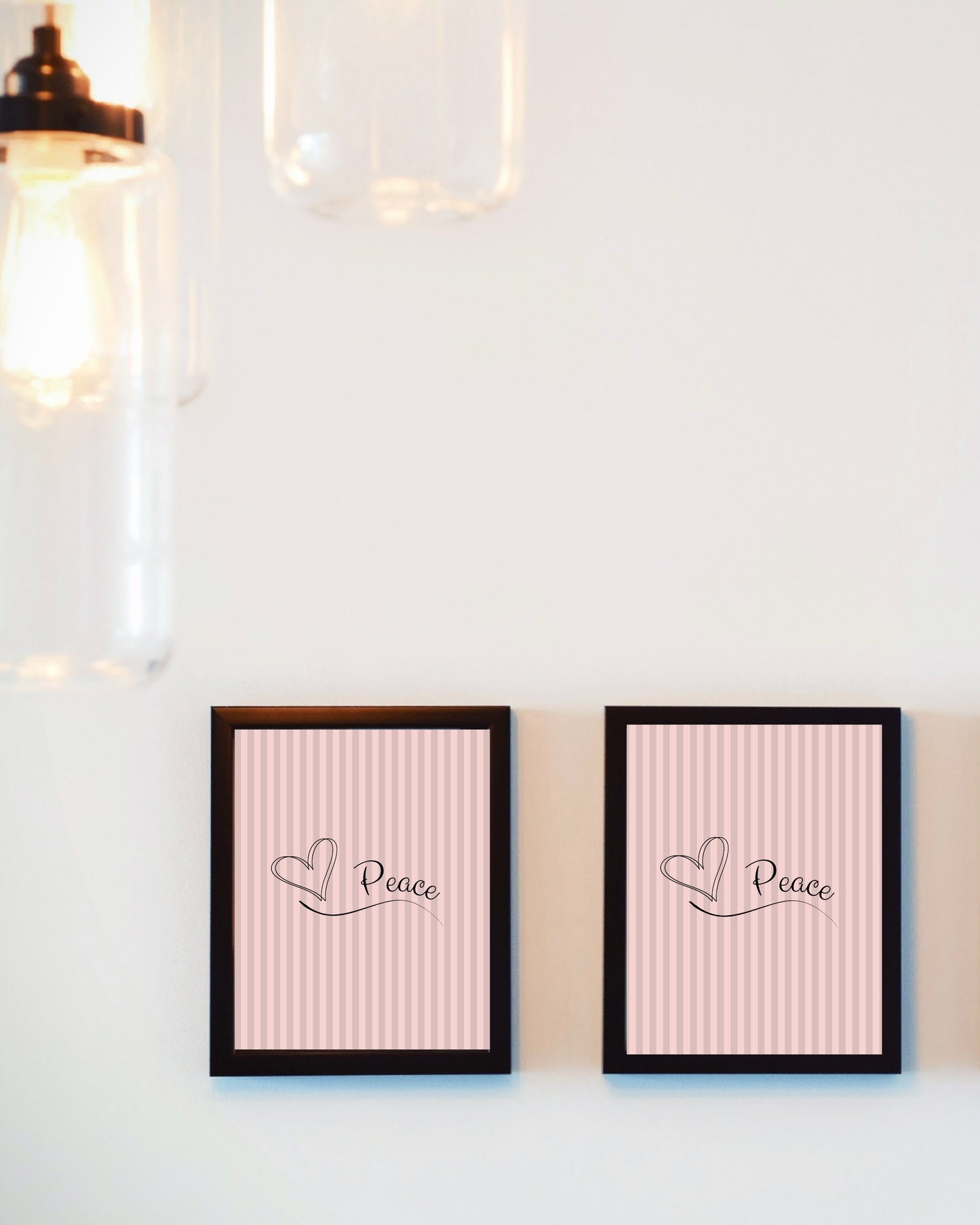 Canvas print with 'Peace' text and heart symbols on a white wall in industrial style space
