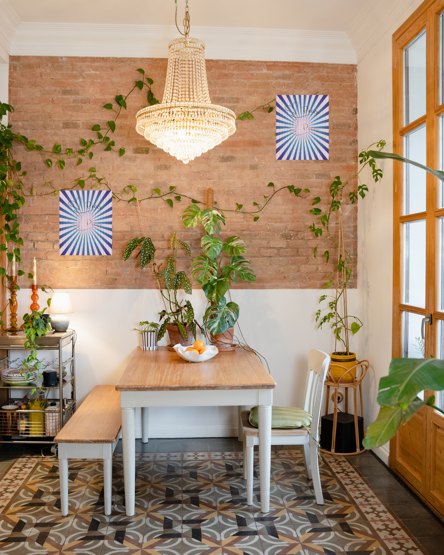 breath of fresh air contemporary dining room with lux lighting brick wall, natural wood, plants, and purple consciousness art print
