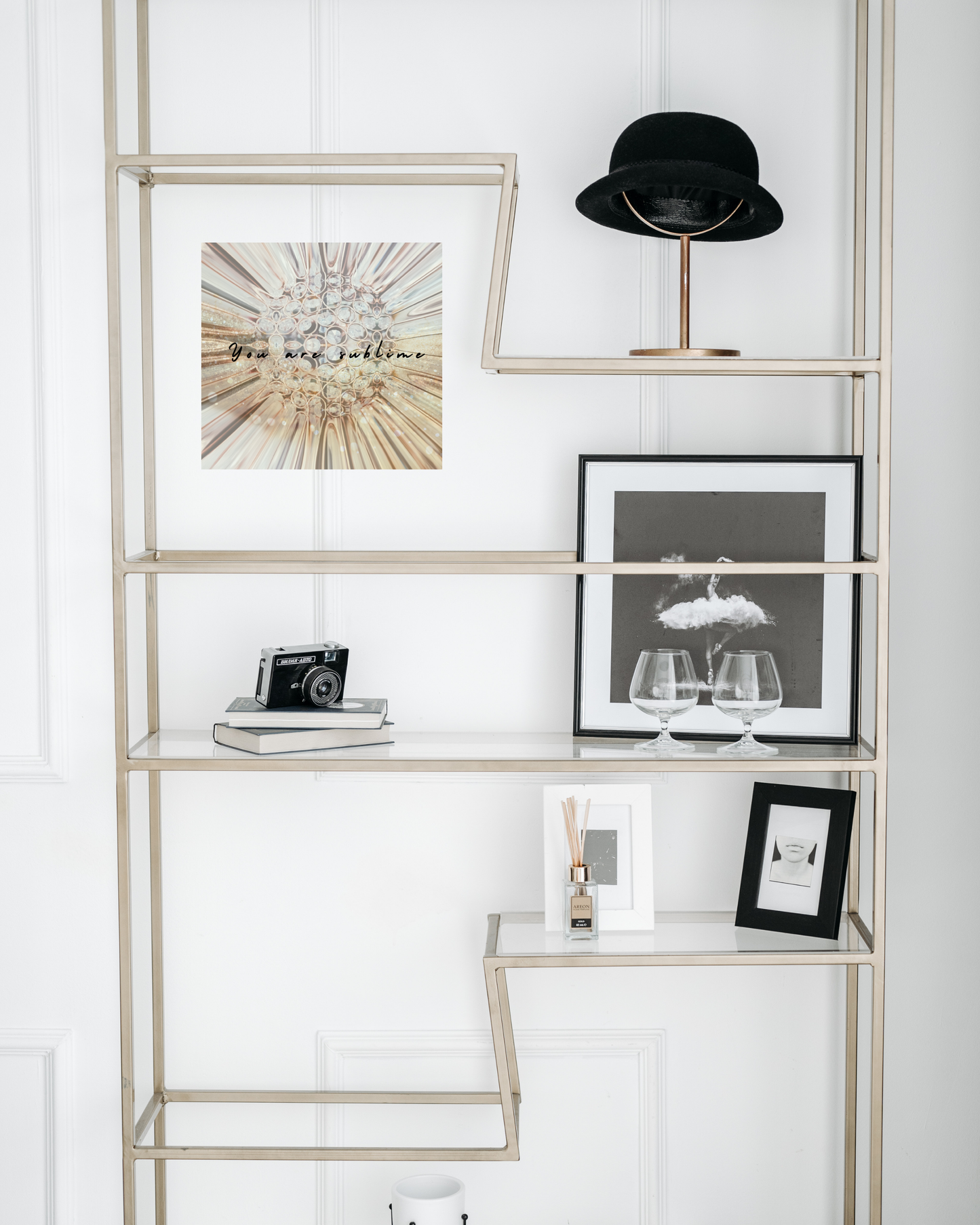 hollywood style contemporary decor with diamond and gold wall art print and motivational message