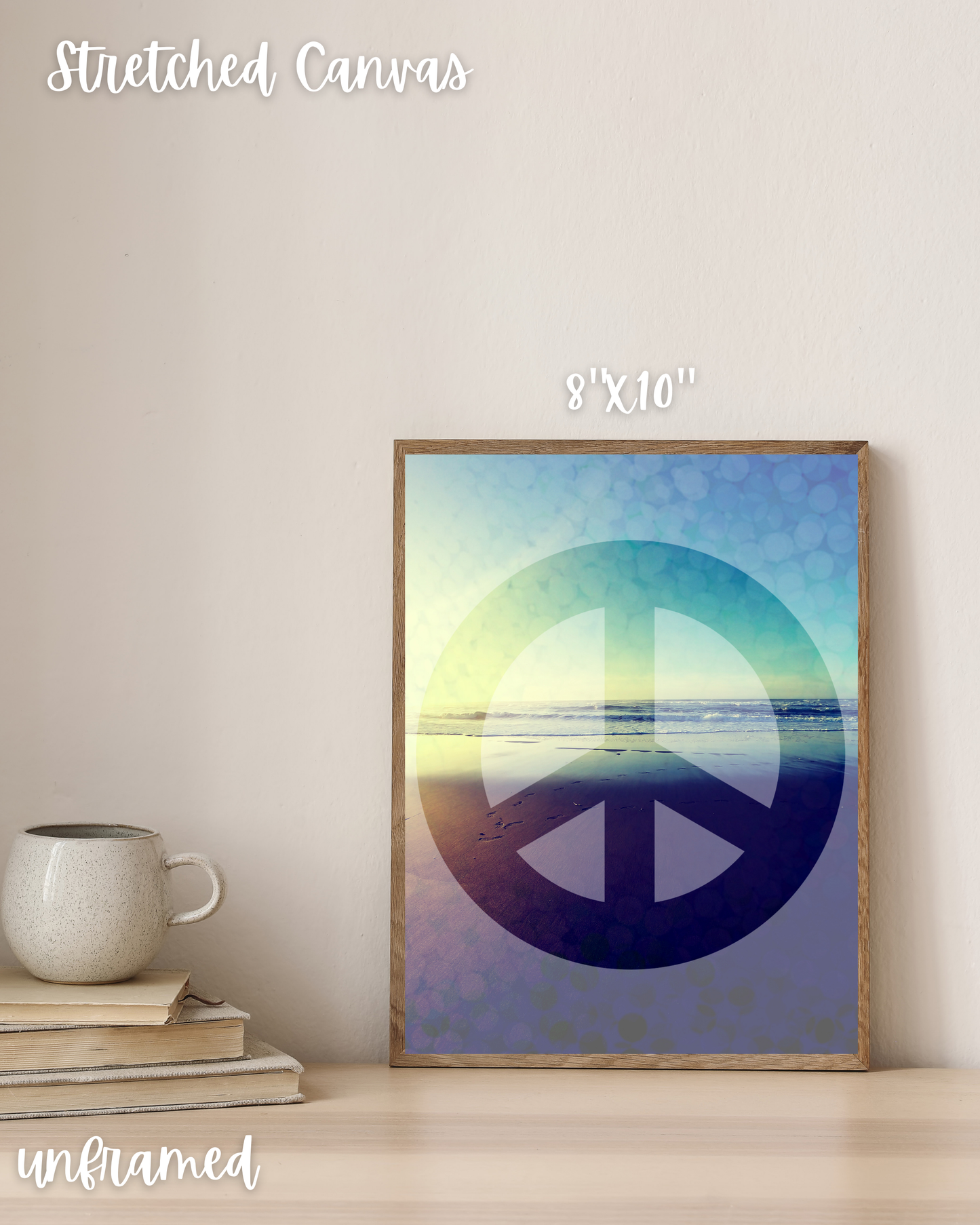 neutral home living space with radiant canvas art with peace sign symbol, layered effect, and ocean blues glowing scene