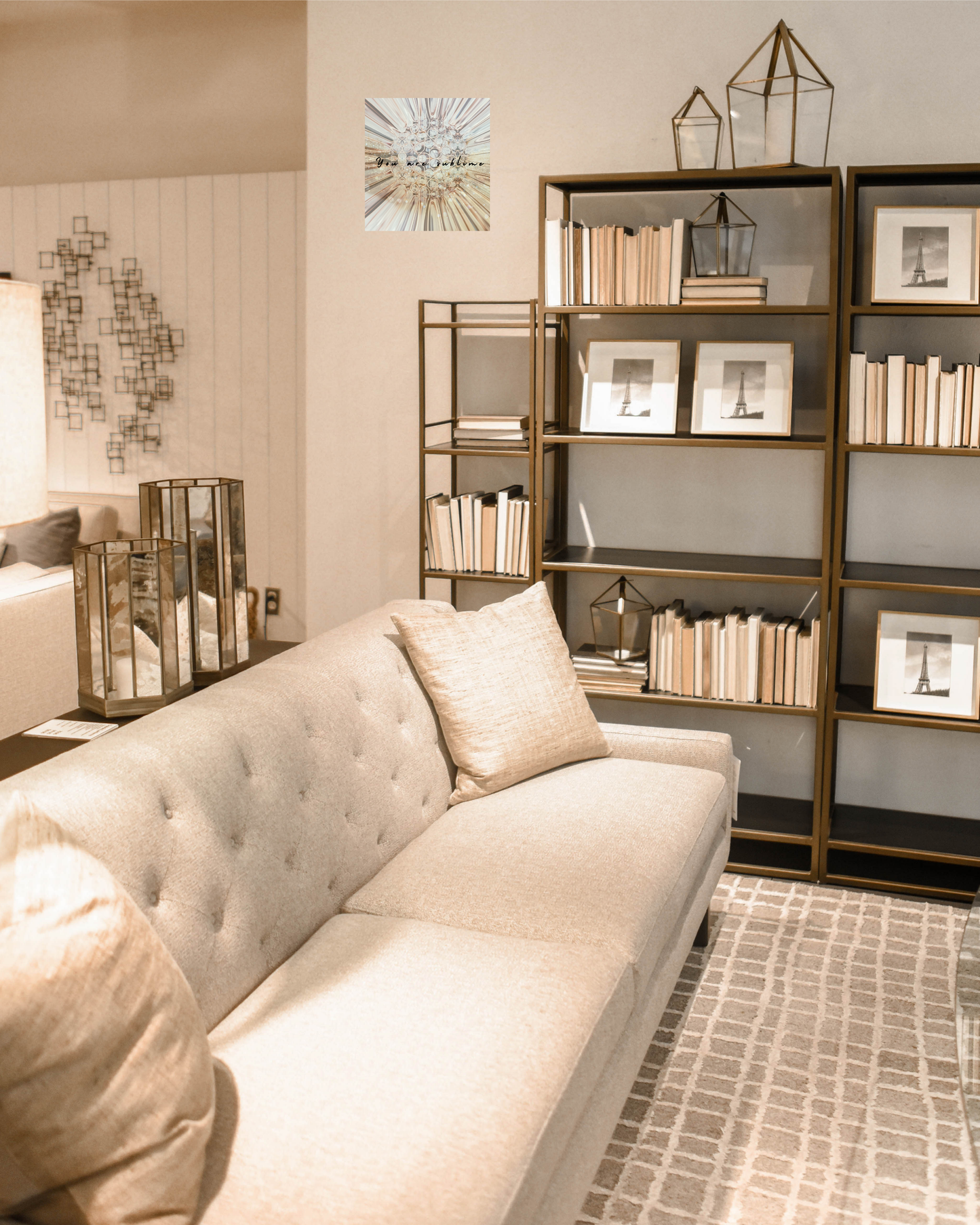 Lux gold toned living room contemporary and eclectic with canvas art that shine and glows and 'you are sublime' message