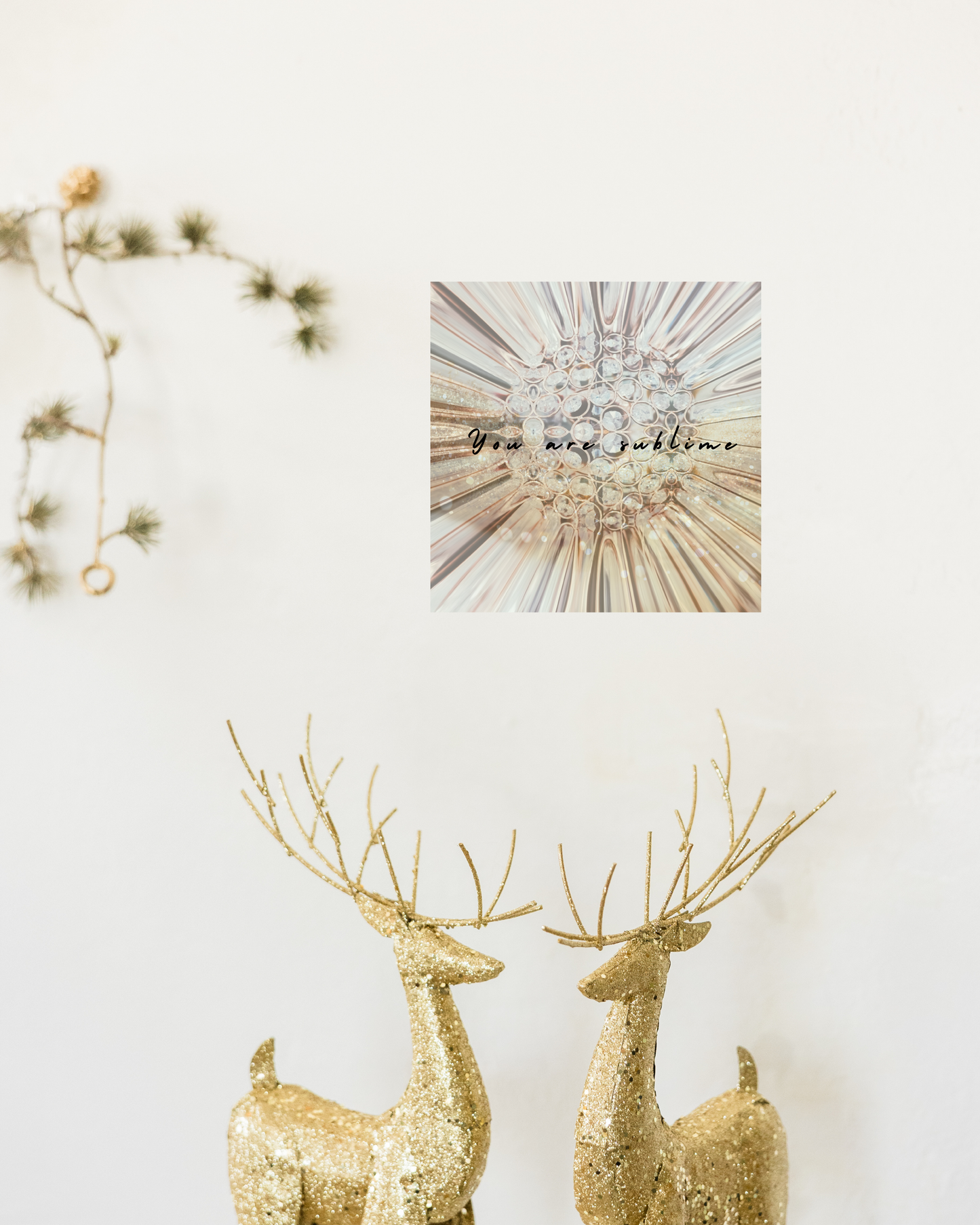 glam holiday decor with motivational wall print depicting gold diamond flower with sublime messaging