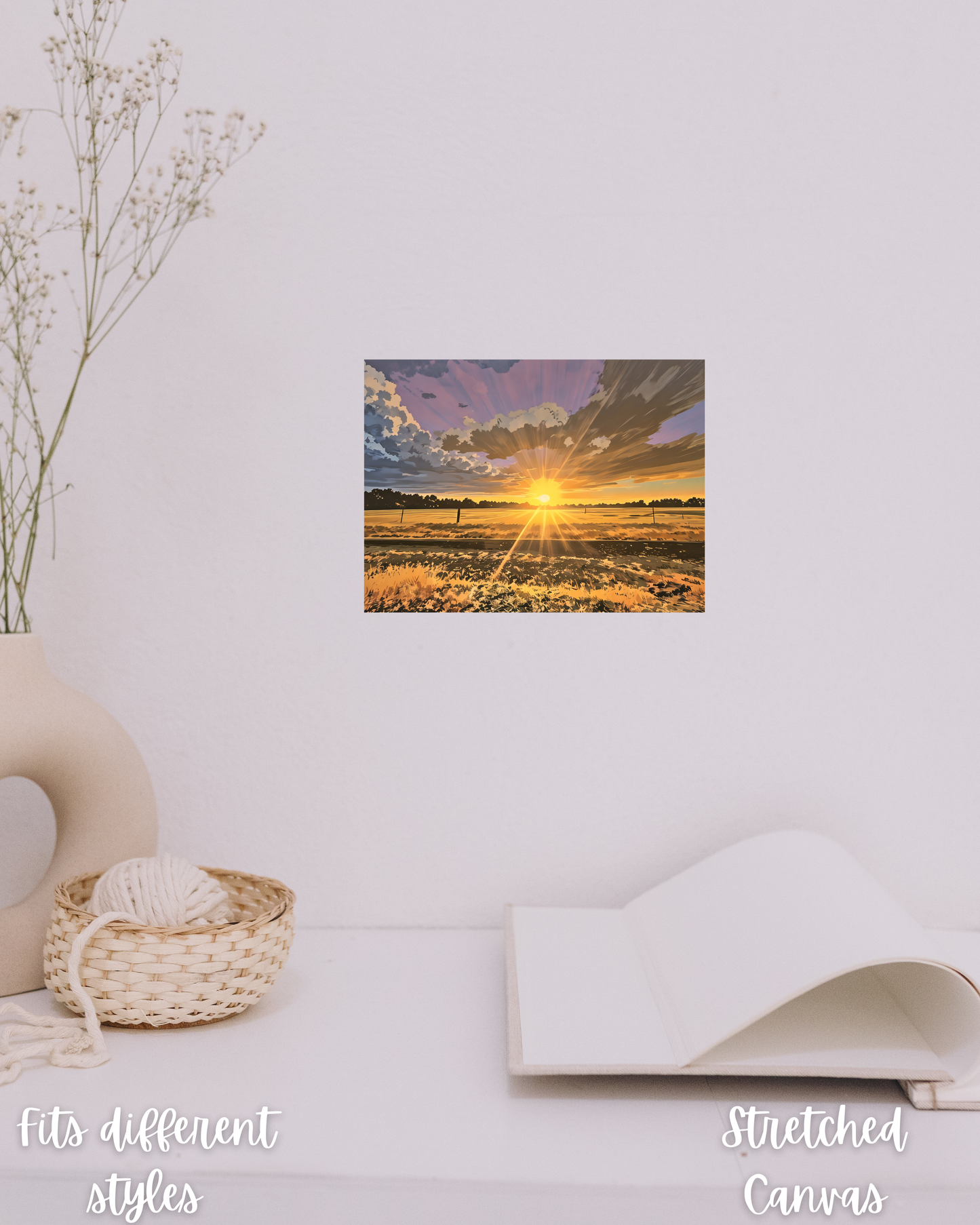 good vibes artwork print for home living in hygge style room. art depicts a golden sunset beaming among country fields