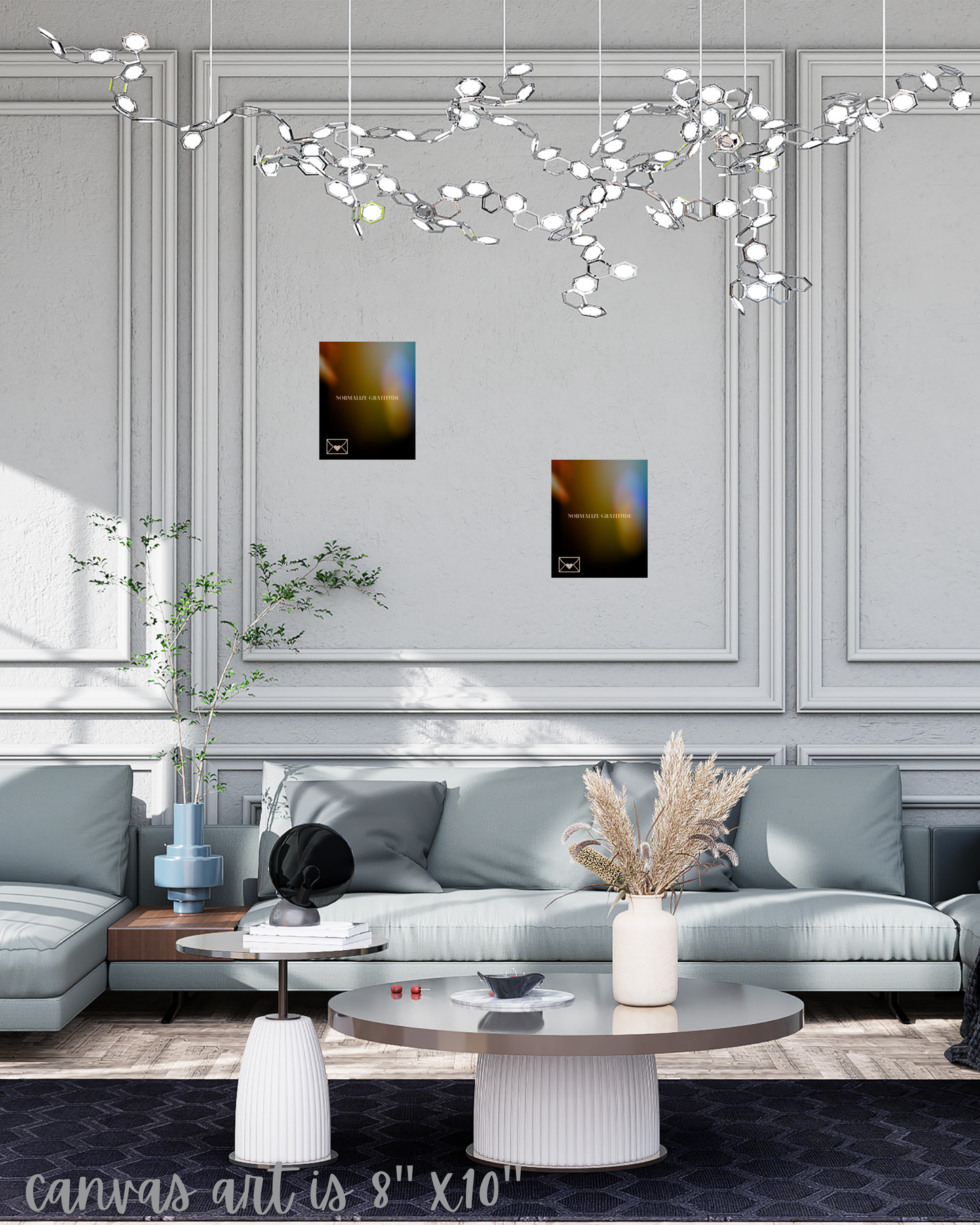 gratitude wall decor hung in spacious contemporary eclectic living room