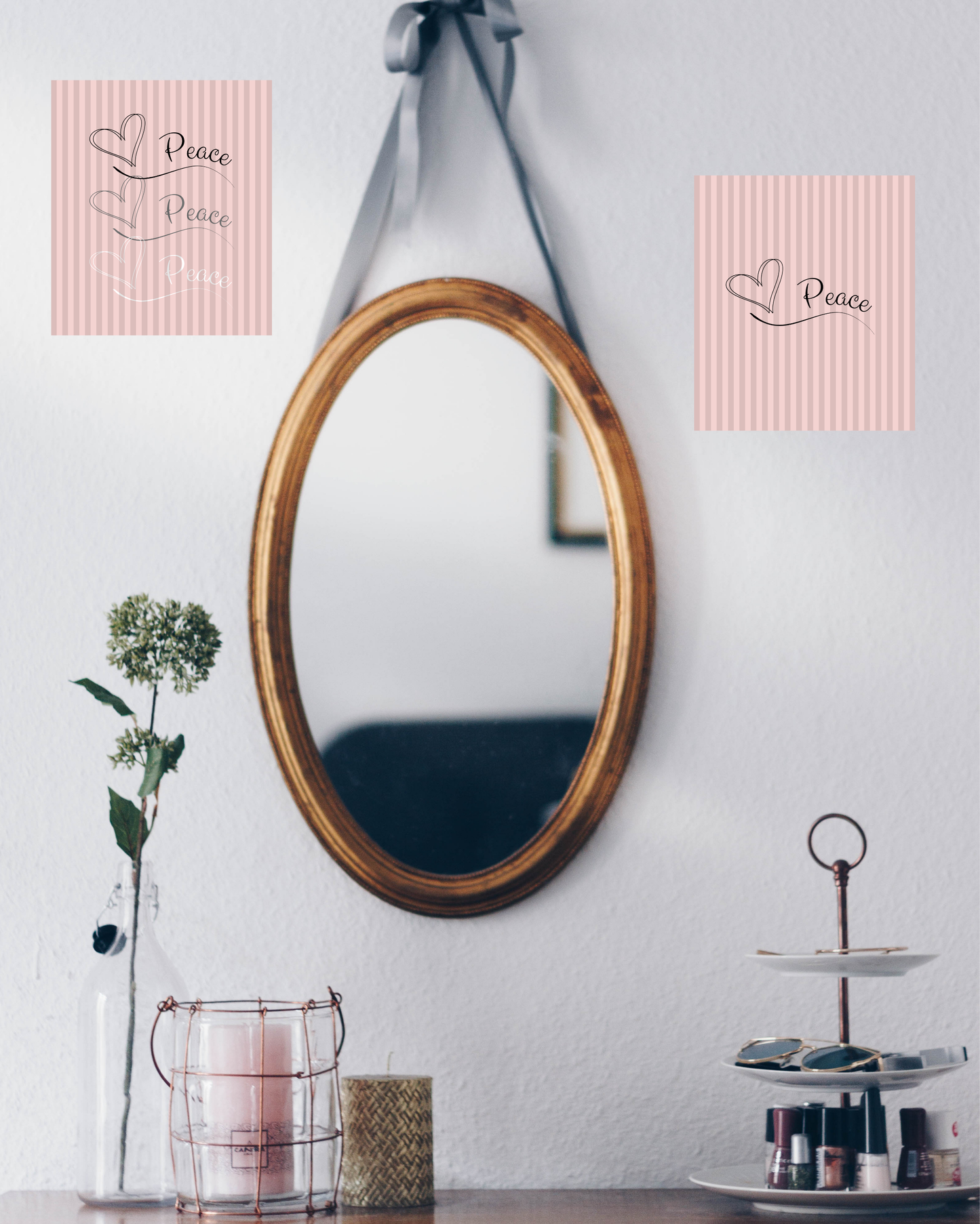 California chic womens dressing area with classic pink striped art prints with calm peace message