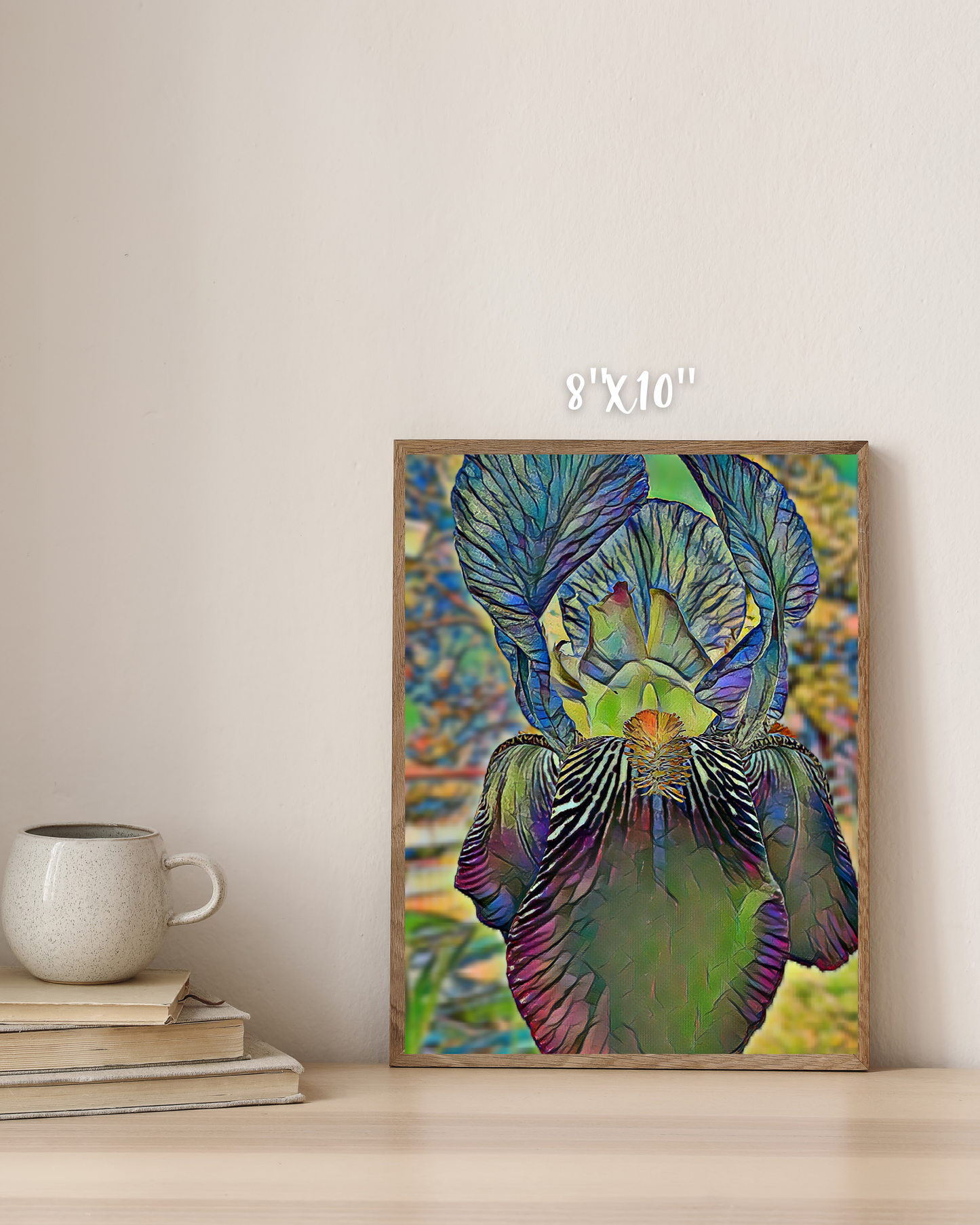 simple coffee table decor with vibrant purple iris wall art print in mosaic style