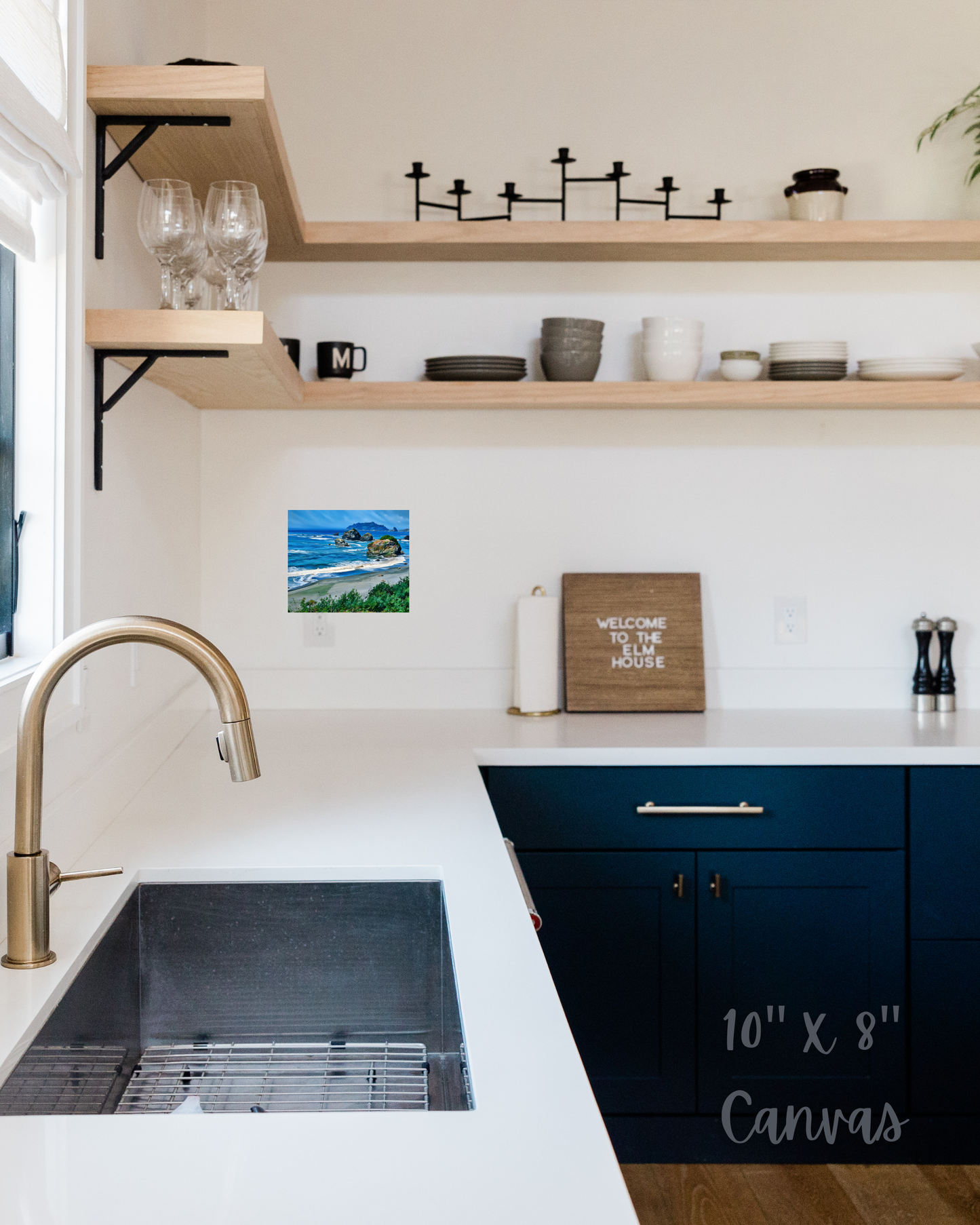 flawless open kitchen design with joyous pacific ocean nature theme wall art