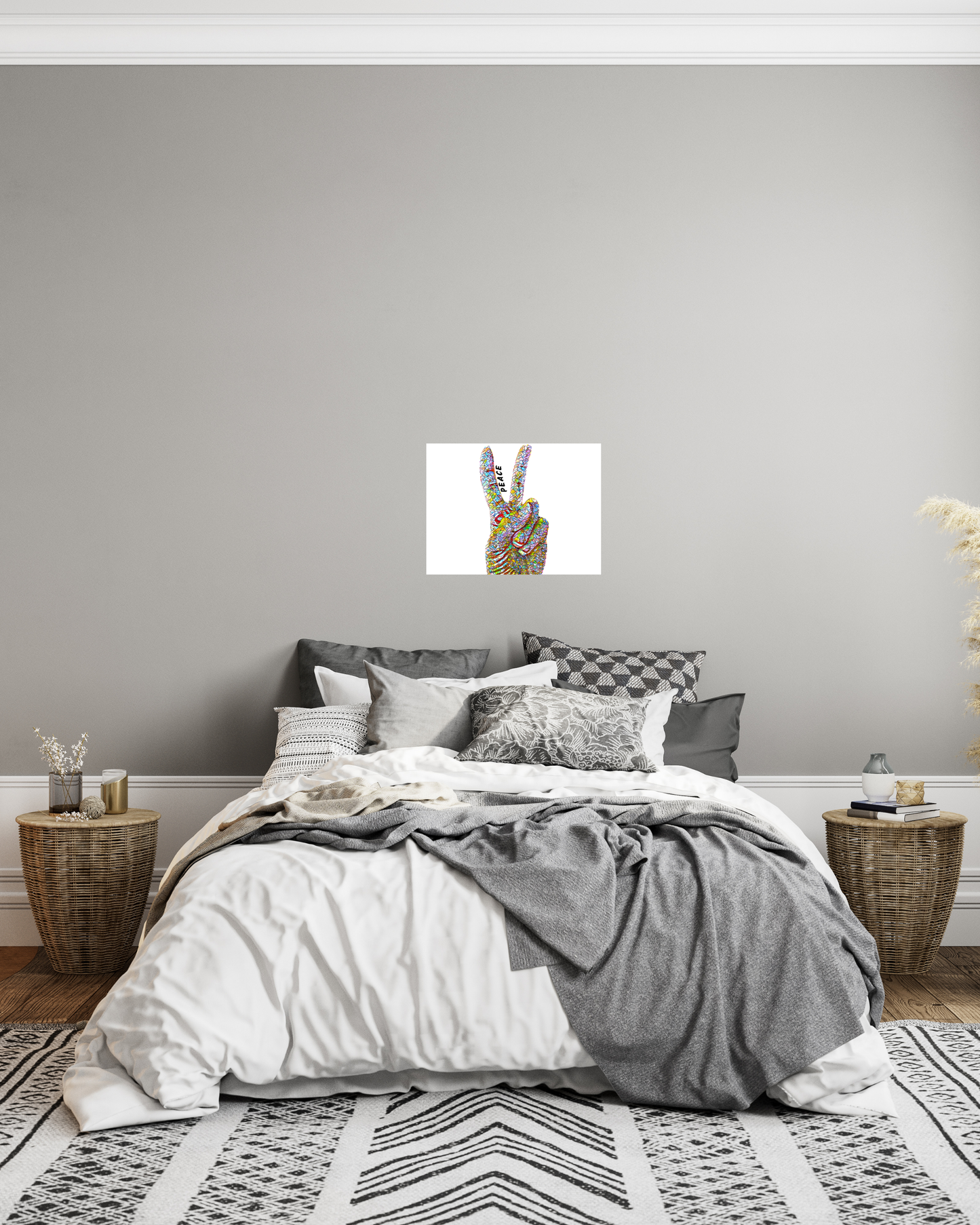relaxing bedroom space with vibrant colorful peace sign hand art in original design