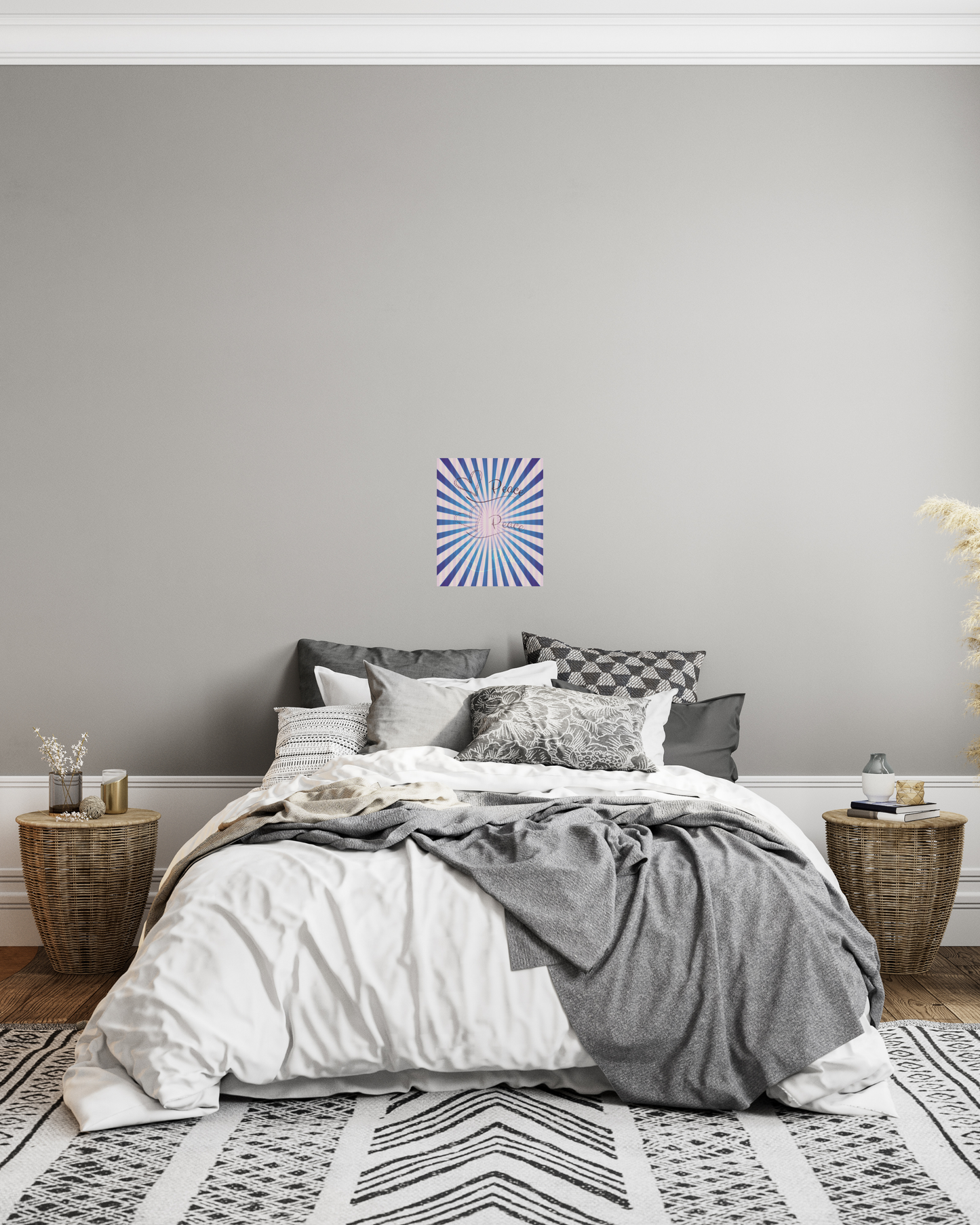 chill comfortable bedroom style with gray tones and vibrant purple original peace art canvas