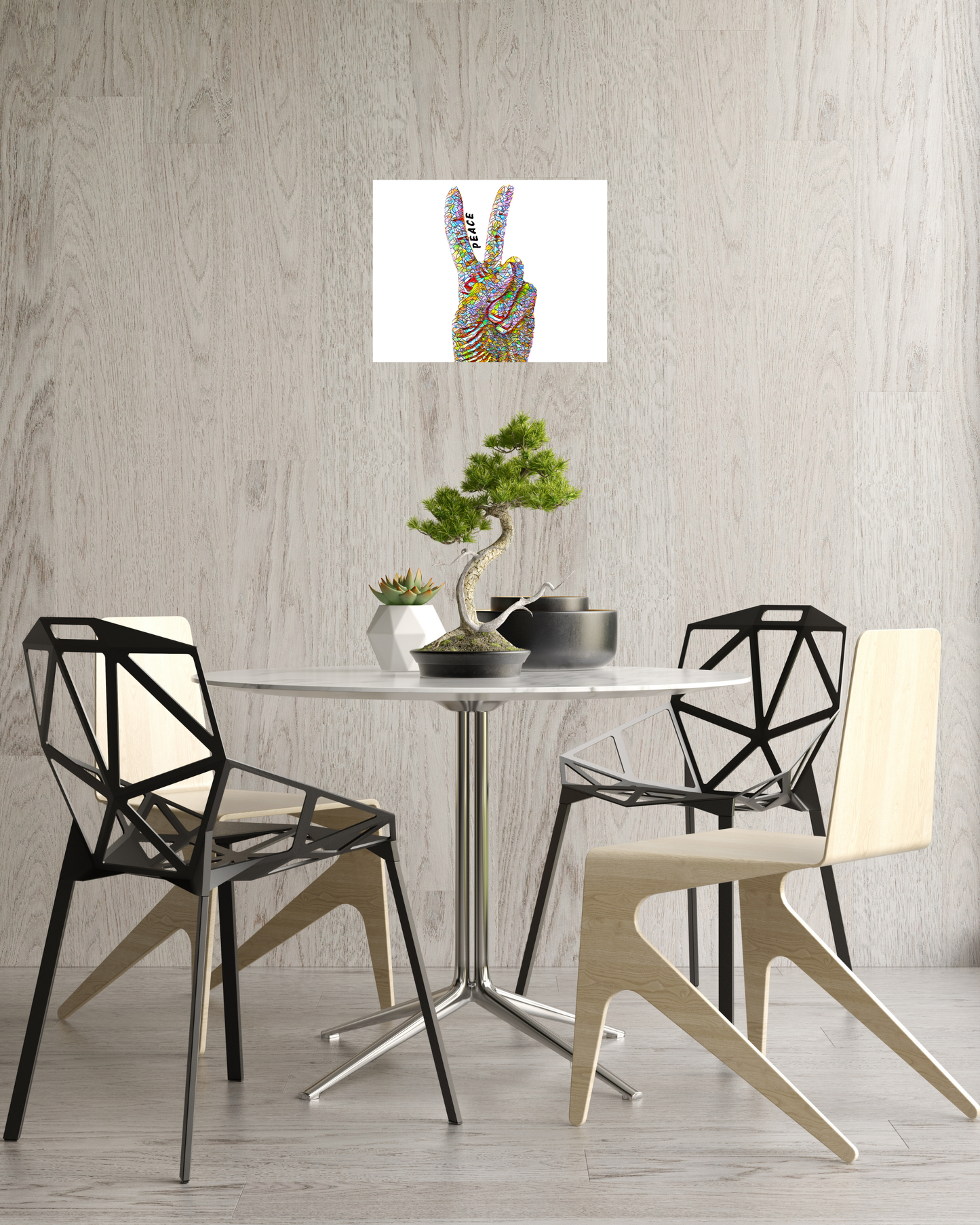 modern dining room with geometric furniture, bonsai tree, and peace themed wall print with pop of color peace sign hand