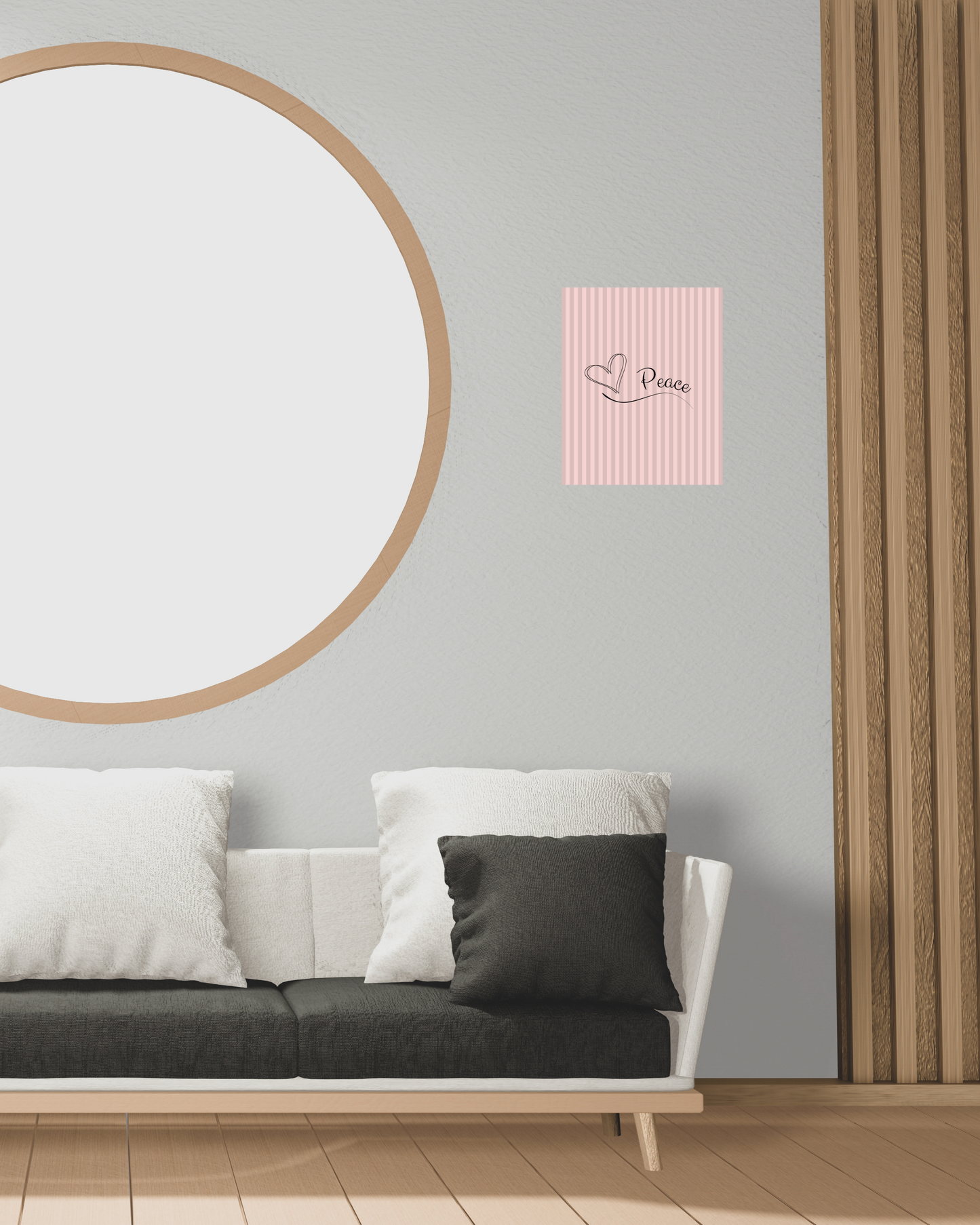 Midcentury modern type room with classic art print that blends seamlessly. print is modern take on a classic pinstripes design with a simple peaceful message