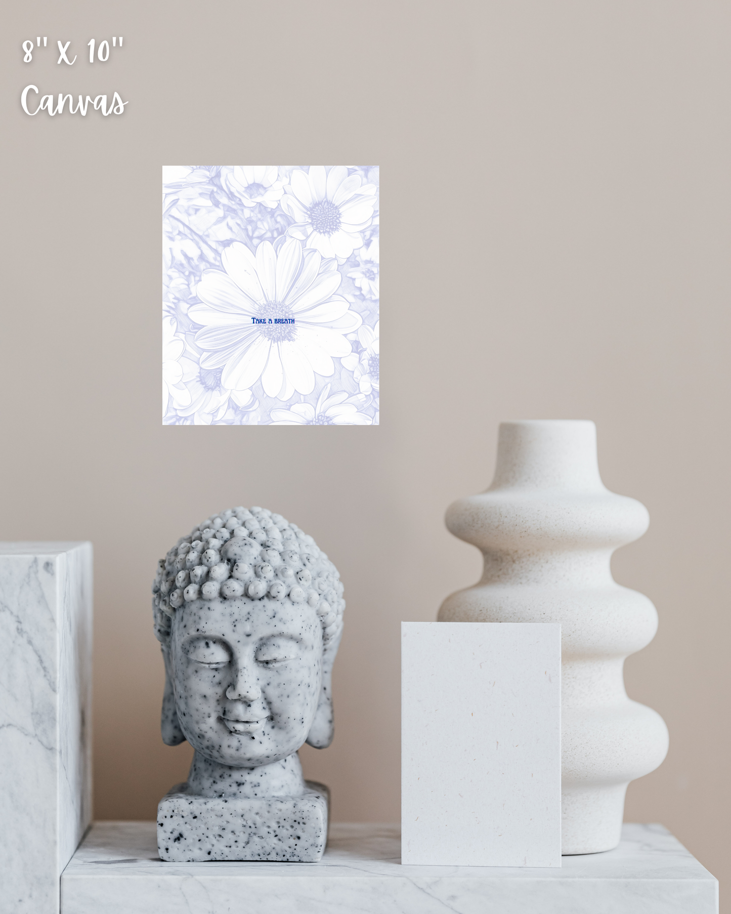 modern stone decor with daisy pen art print upon the wall with peaceful reminder to take a breath