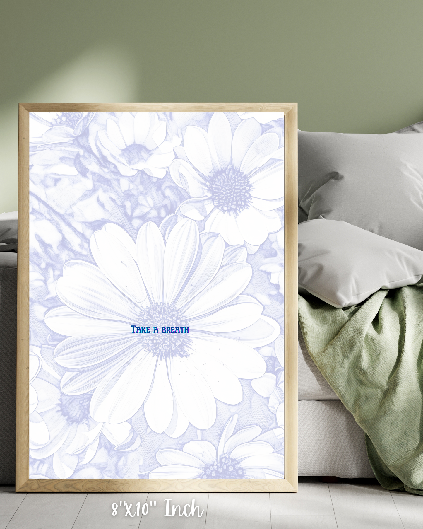 comfy bedroom focusing on daisy print art pen drawing with subtle reminder to breath