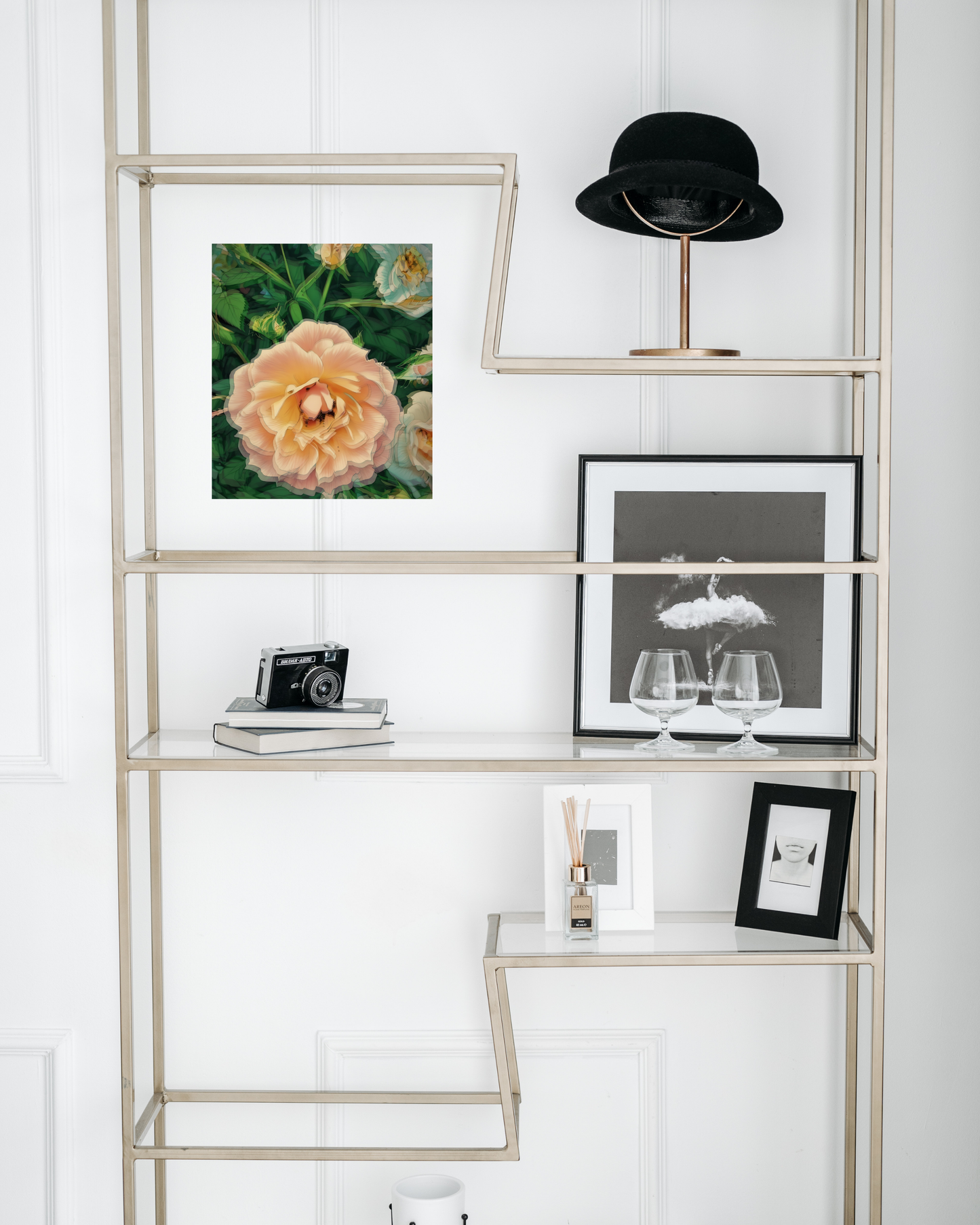 classy glass shelving with black and white decor pieces and standout pink rose art with visual effect