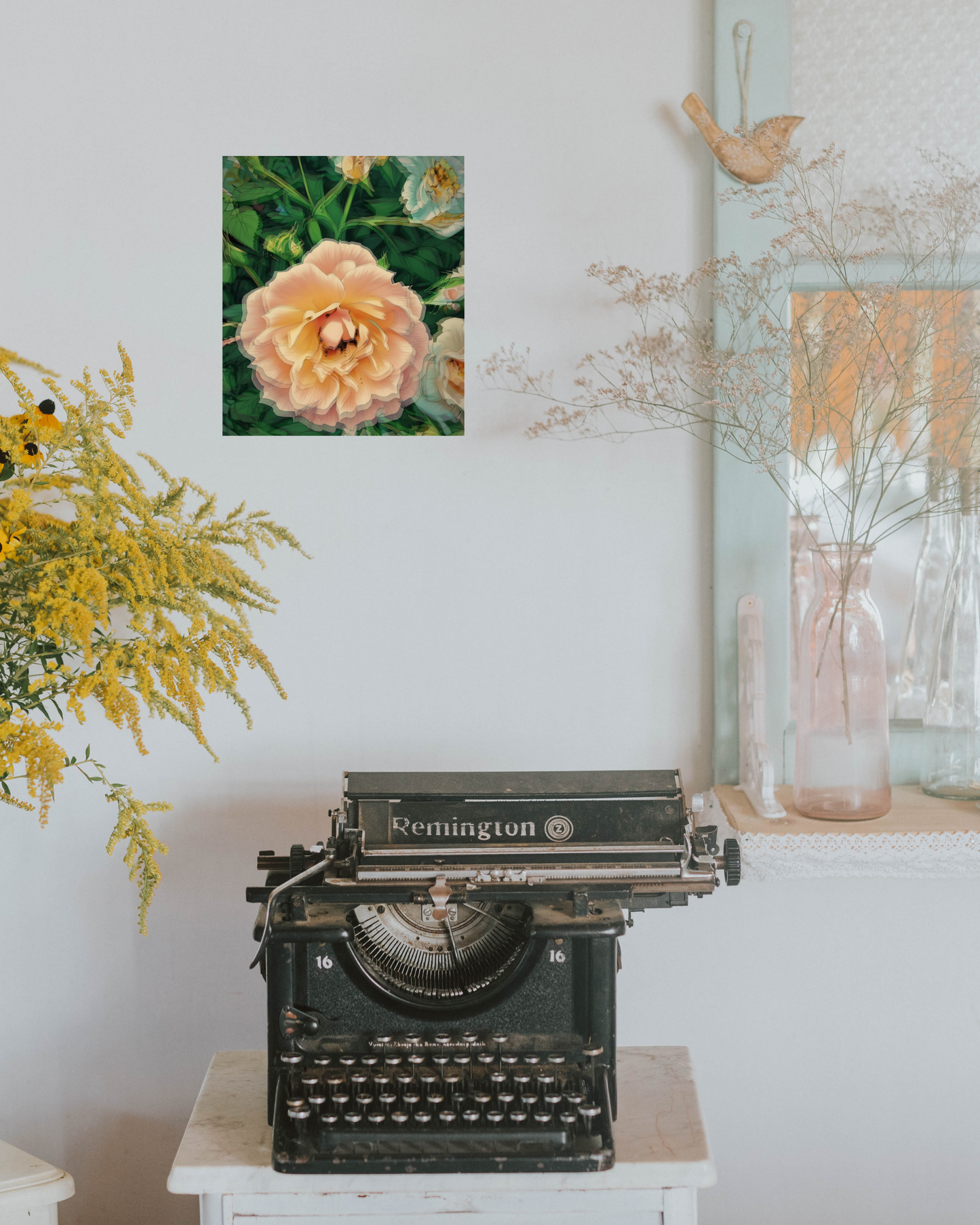Vintage Remington typewriter with shabby chic decor and vibrant rose wall print decor piece