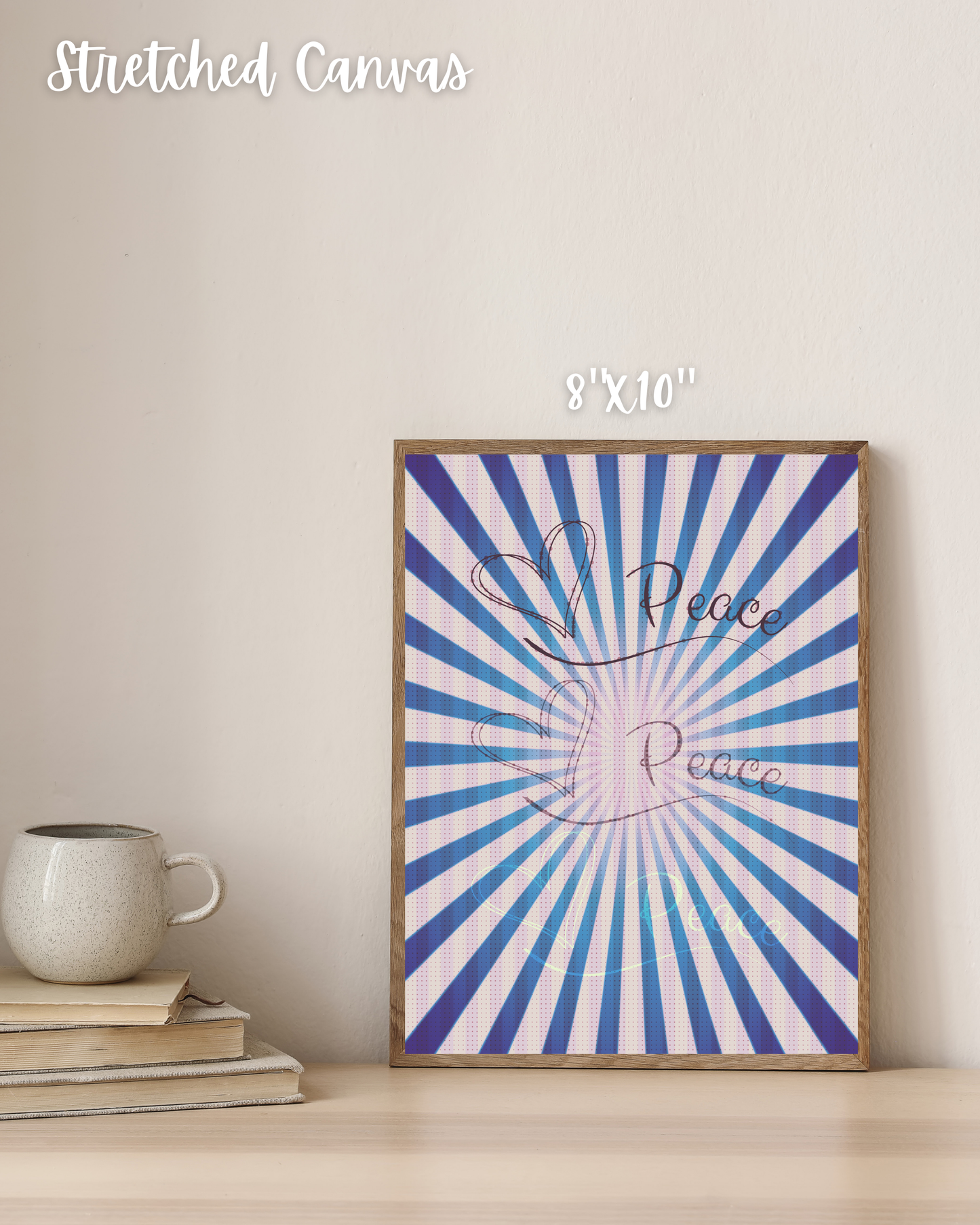 simple natural tone decor with lean art of vibrant purple peace design that is pop of color