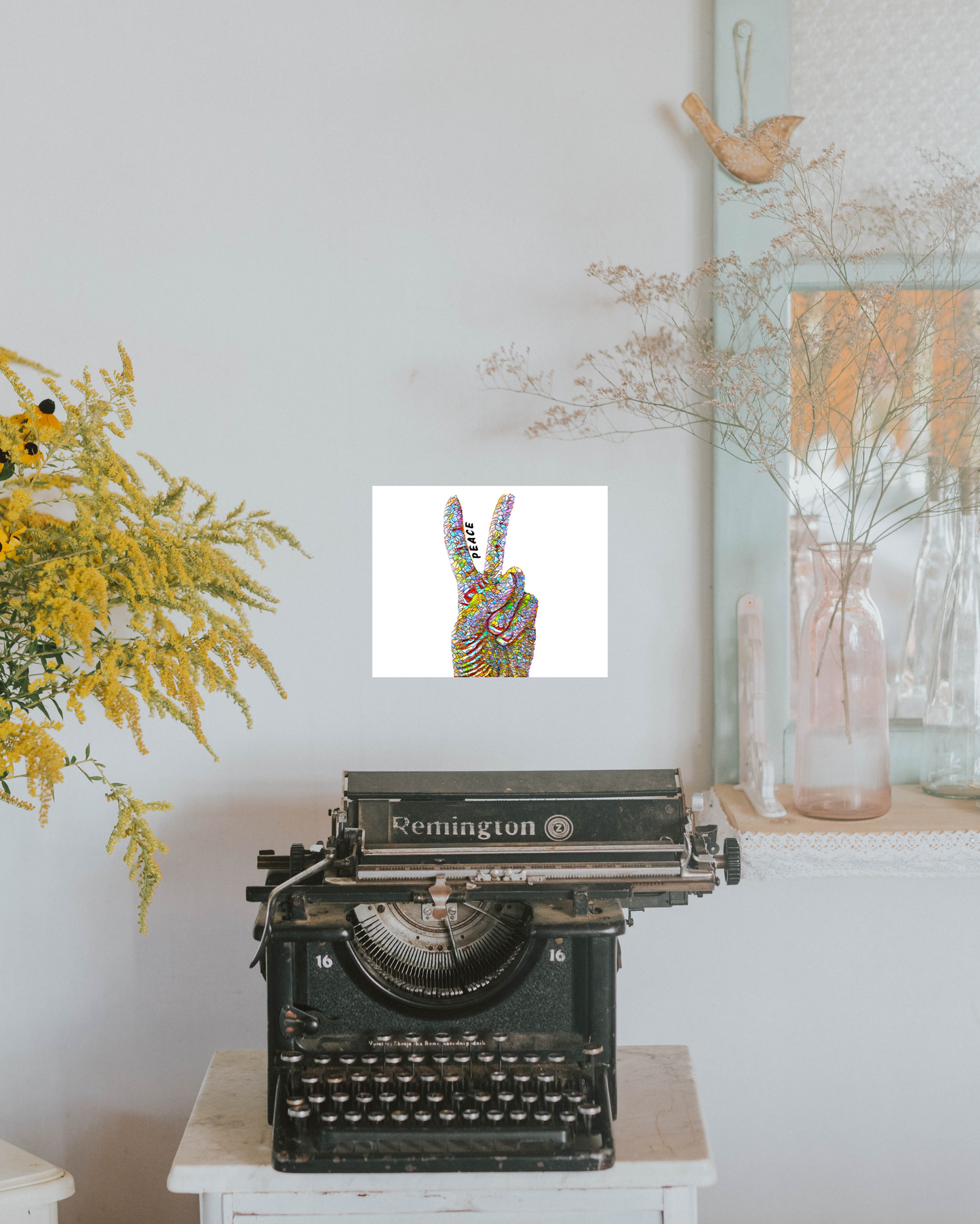 shabby chic style decor with peacful wall art depicting vibrant peace sign hand