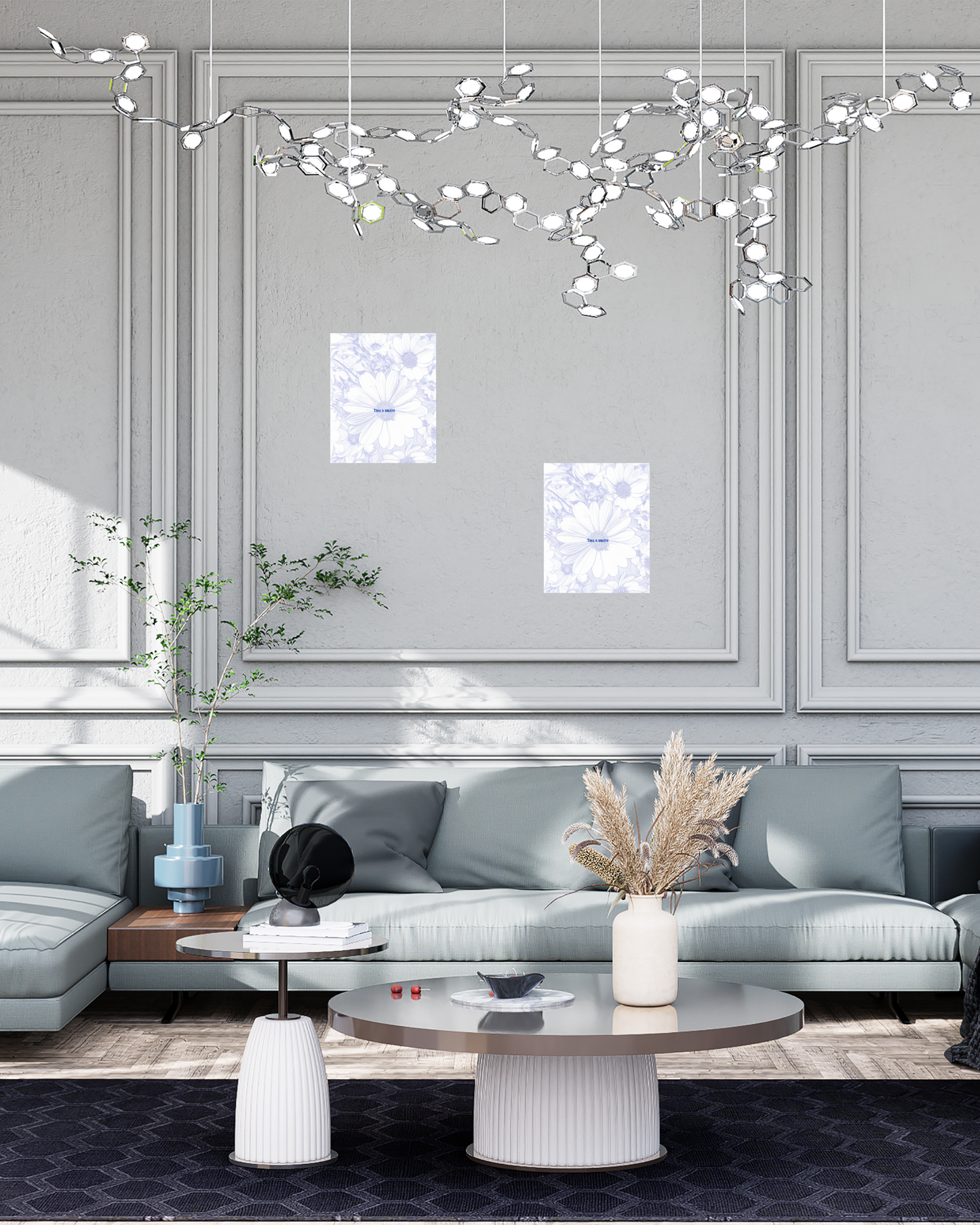 swanky living room with gray blue hues, furniture that pops, and relaxing floral wall art with simplicity and positive vibe
