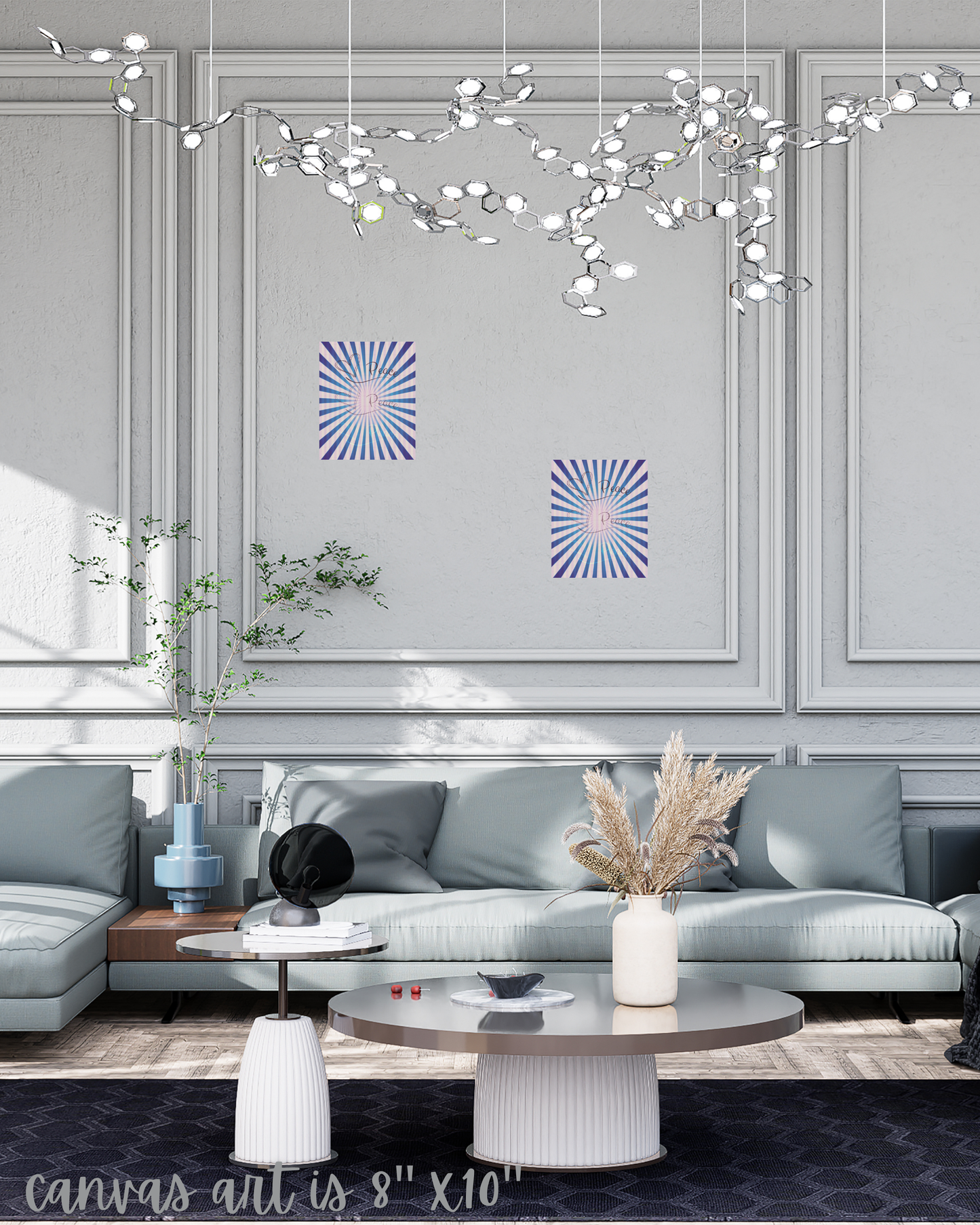 modern sunken living room blue gray hues, crown molding, eccentric lighting, bright purple conscious art print decor