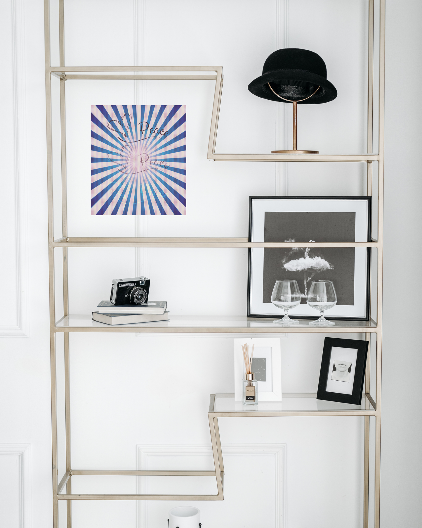 classic chic glass bookshelf with edgy black and white decor and vibrant trippy peace art print