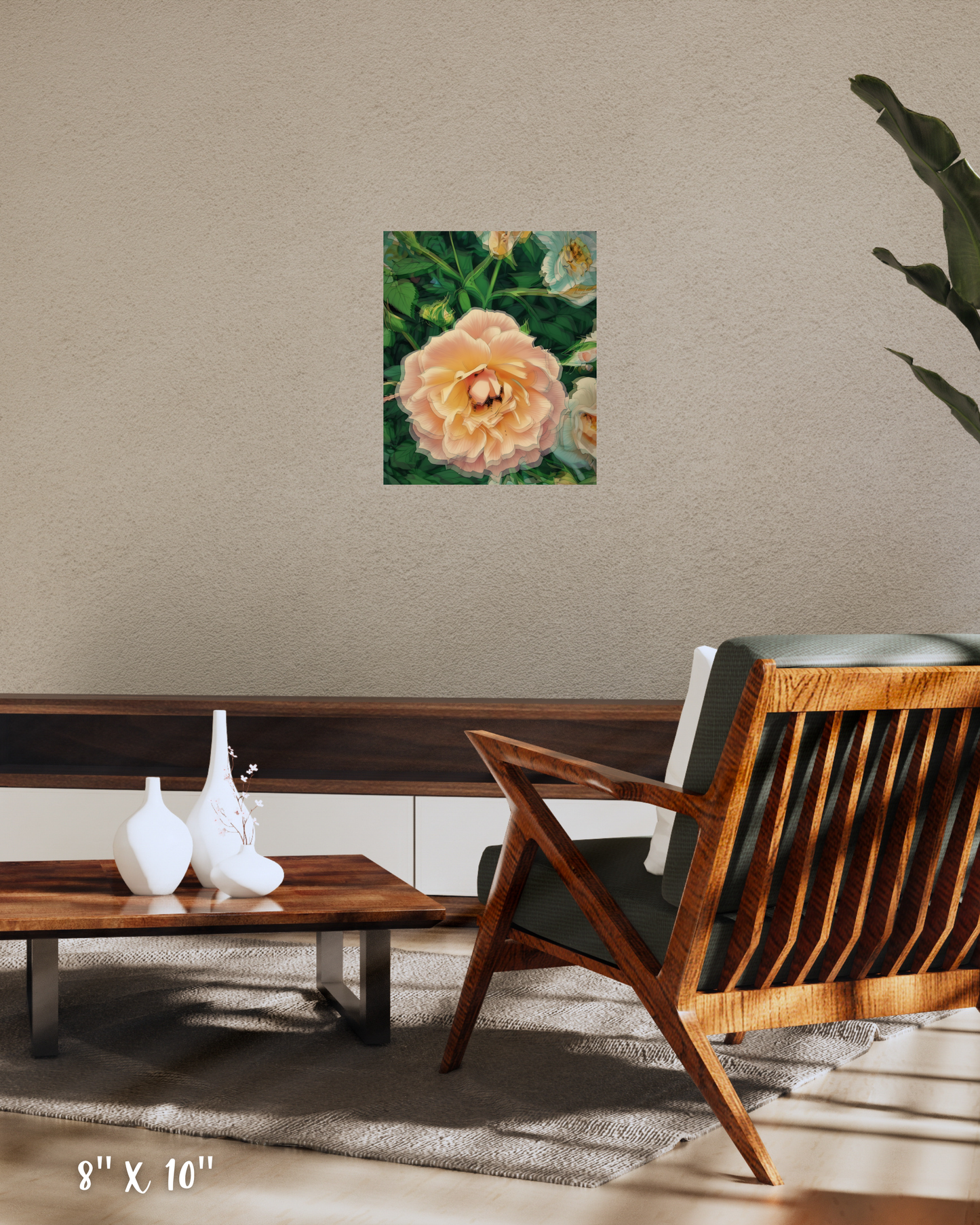 Contemporary earthy living room with with rose print wall art that blends seamlessly