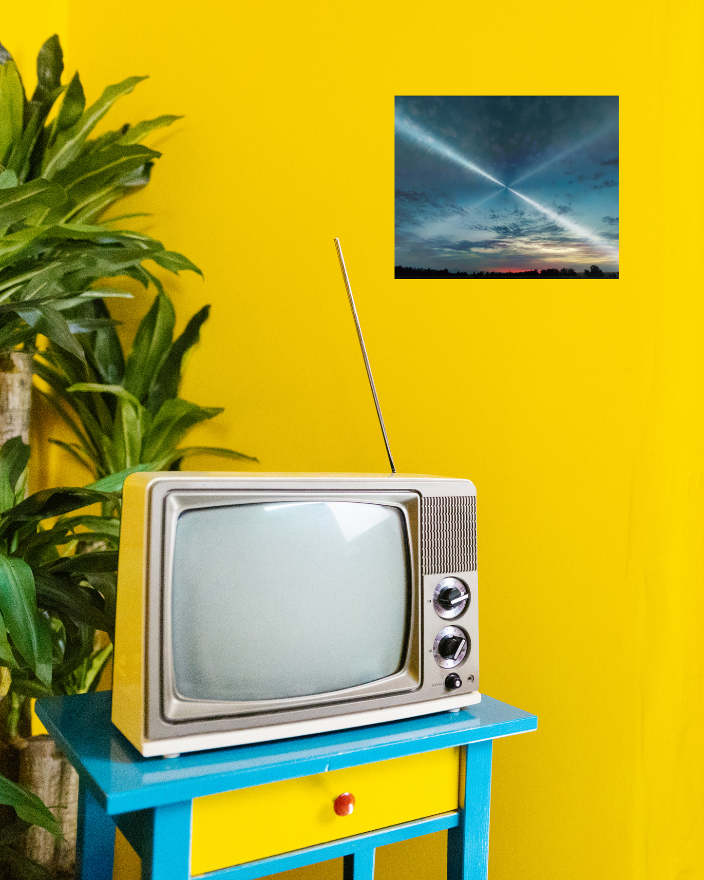 vintage tropical home decor with bright yellow hue and bright blue endless skies wall art canvas