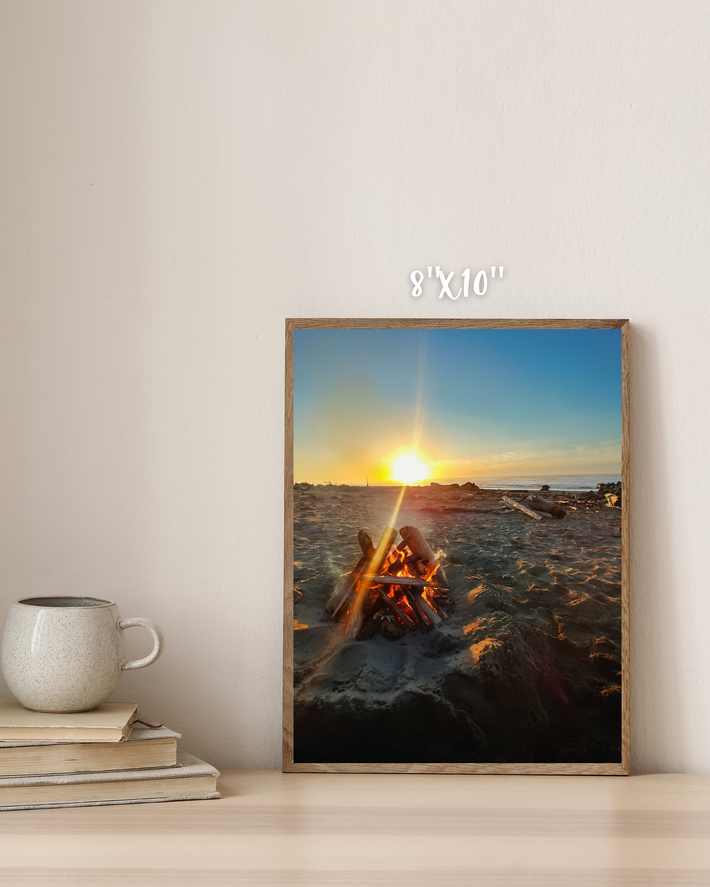 golden hour sunset beach bonfire driftwood photo print art set with simple coffee table decor