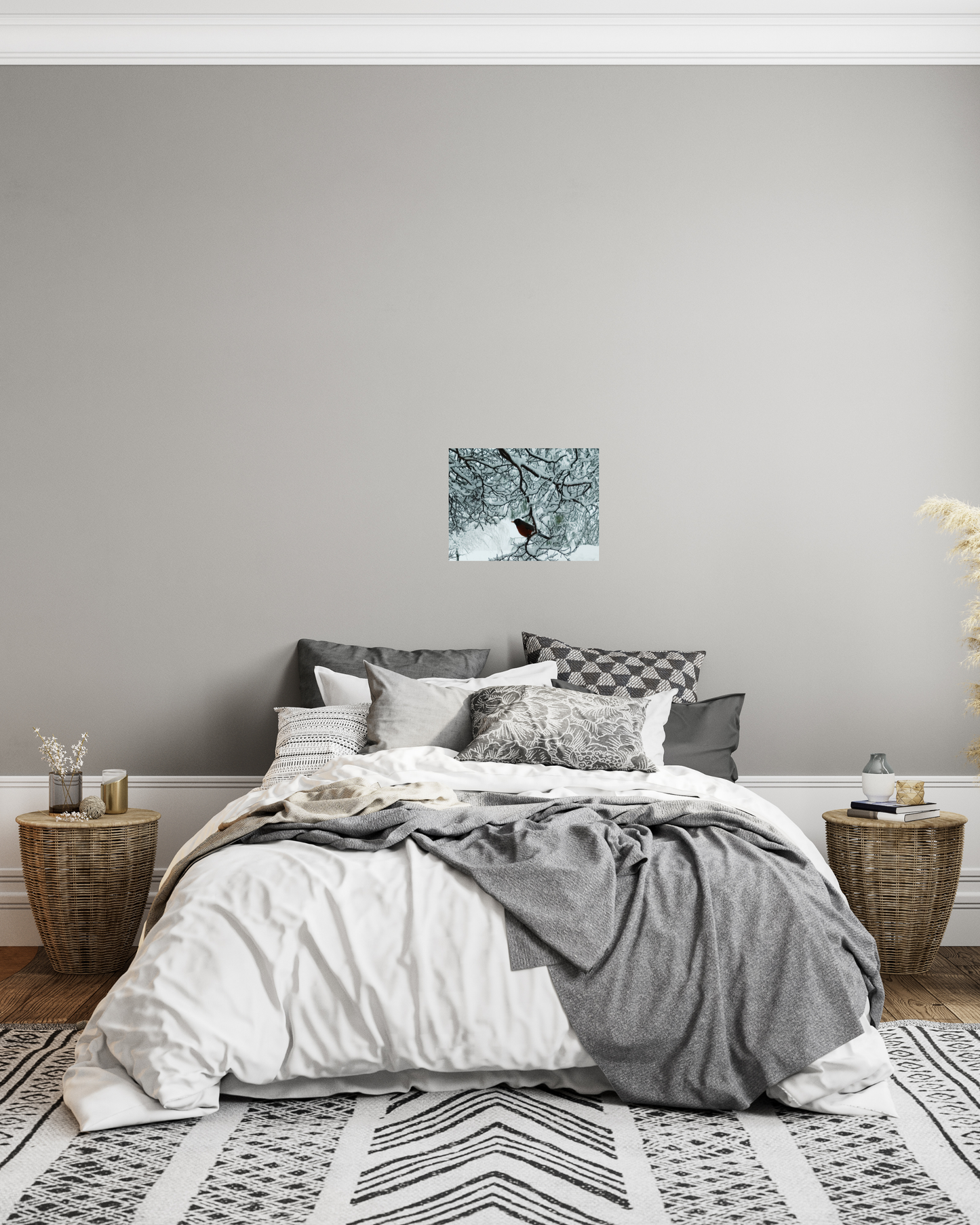 comfortable bedroom with gray and white palette and frozen winter wall decor with focus on a lively bird