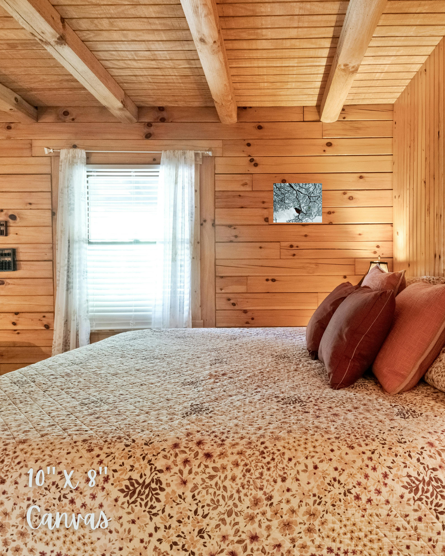 warm cabin bedroom with winter wall art simple bird in frozen tree in snow