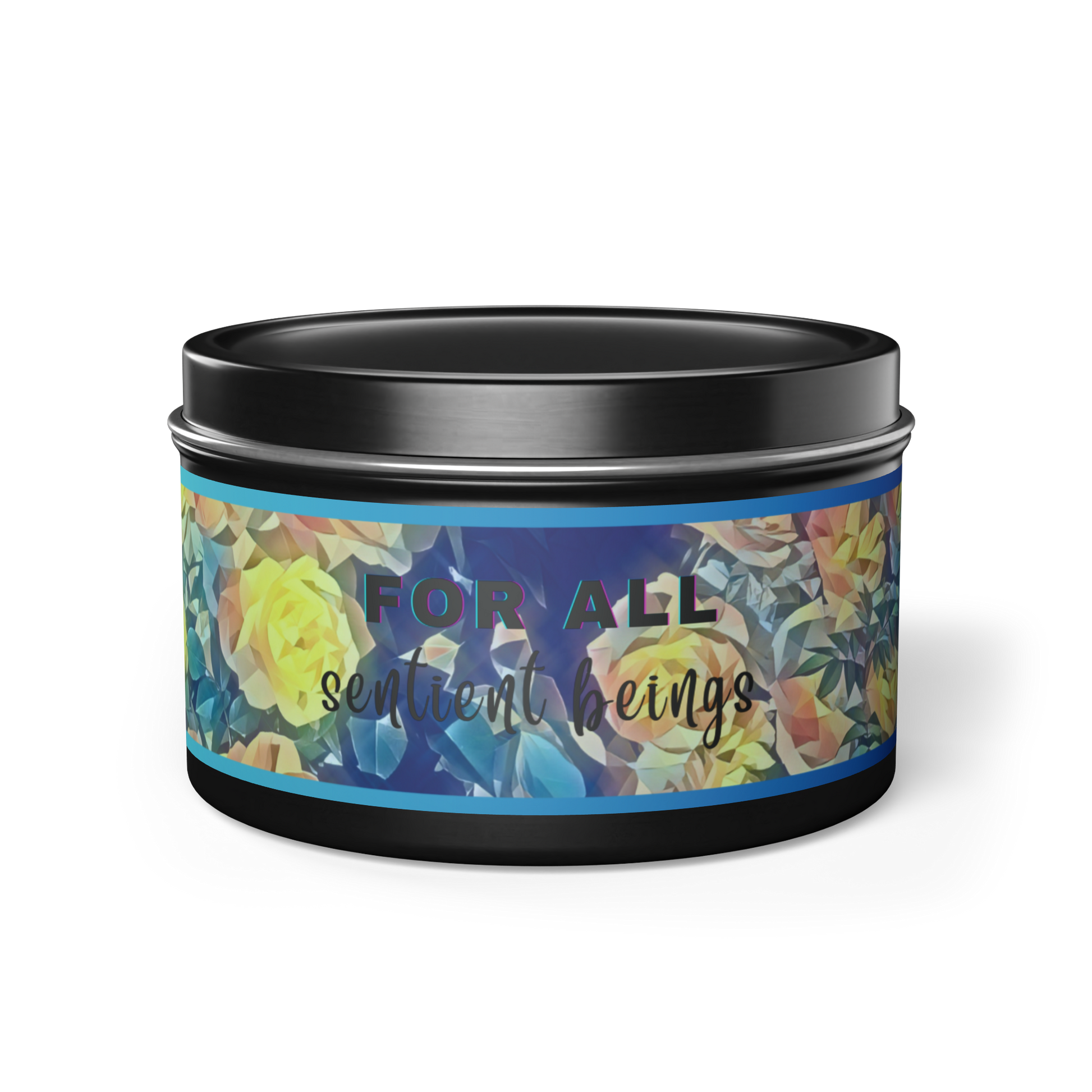 Scented natural candle with vibrant floral poly art design in sleek black tin container. 'For all sentient beings' compassionate wisdom message.