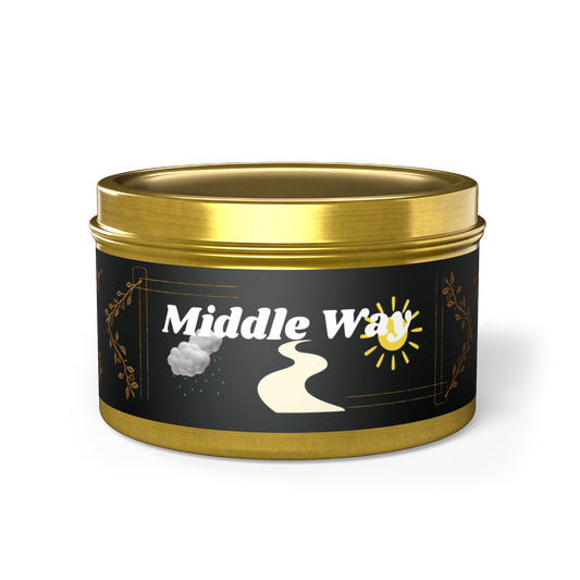 A scented candle of wisdom and consciousness, this Middle Way Candle embodies a peaceful and fruitful philosophy in a shiny gold container. Elegant design with a walking pathway.