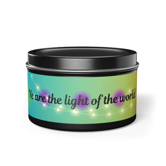 Ye Are The Light Of The World faith-based scented candle in black container. Original gradient, lighted design.