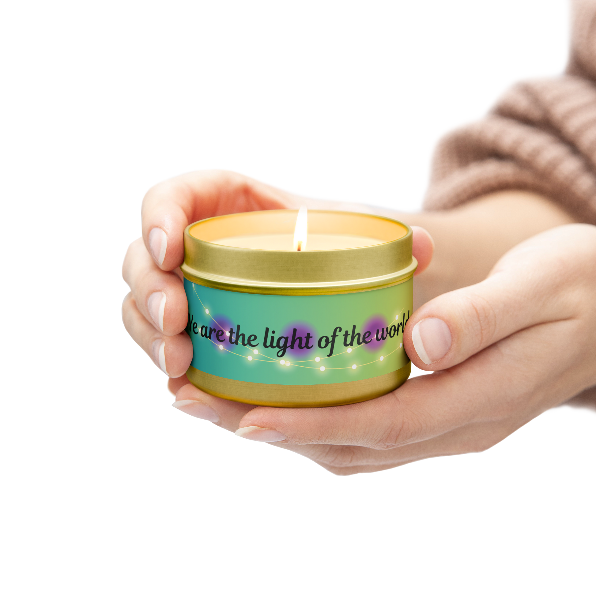 Ye Are The Light Of The World faith-based scented candle in gold container. Original gradient, lighted design.