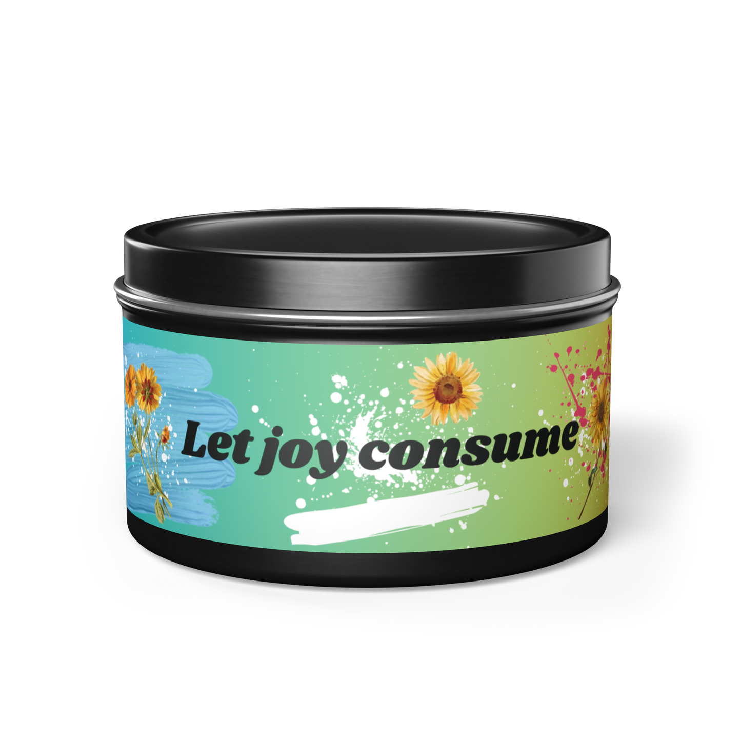 Well being scented candle unique 'let joy consume' design. Colorful, artful, floral, and original design in black container.