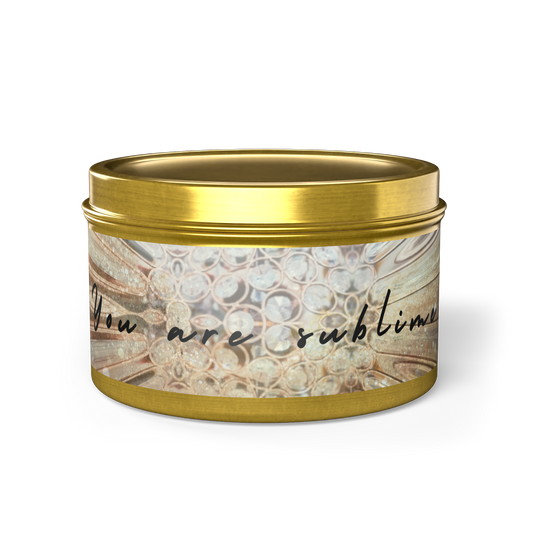 Natural scented candle in gold container. 'You are sublime' motivational message with diamond and gold design.