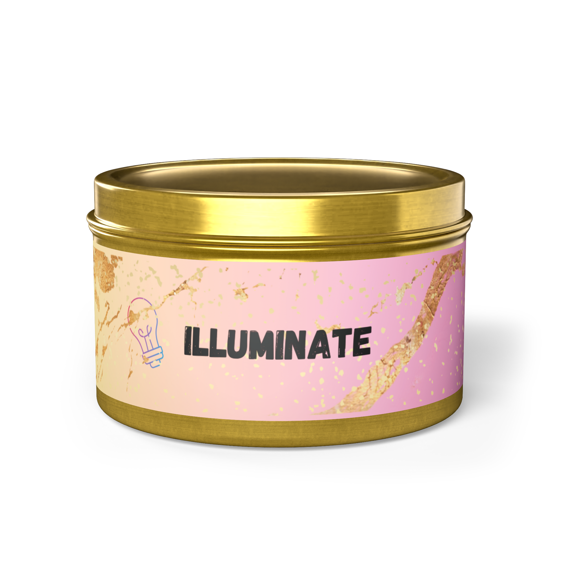 Scented eco friendly candle with soy wax in gold tin. 'Illuminate' design is accented by gold leafed overlay and enlightened pale pink background.