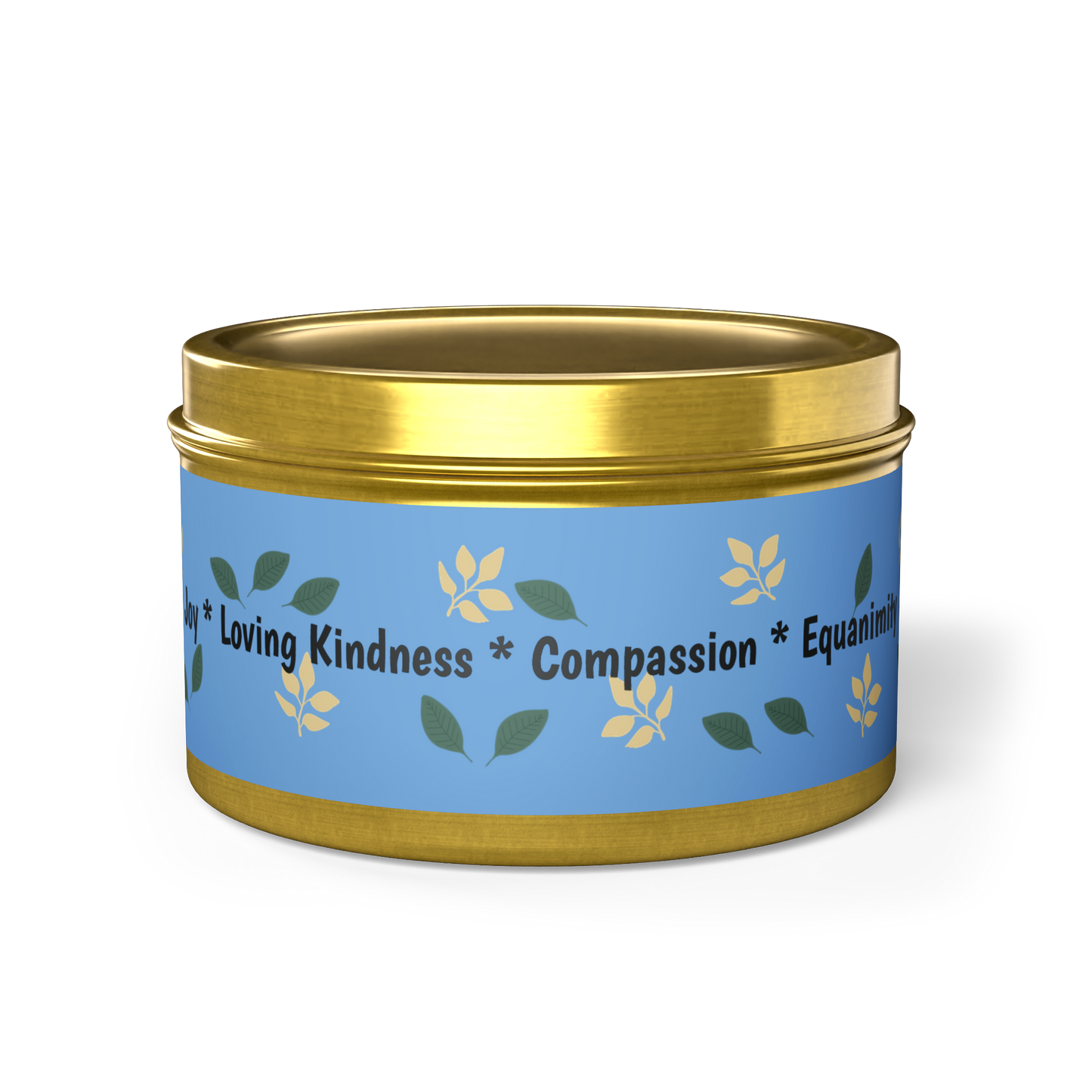 Scented candle, eco friendly, natural wax, in gold tin. Minimalist sky blue design with falling leaves and joy, compassion, equanimity, and loving kindness message.