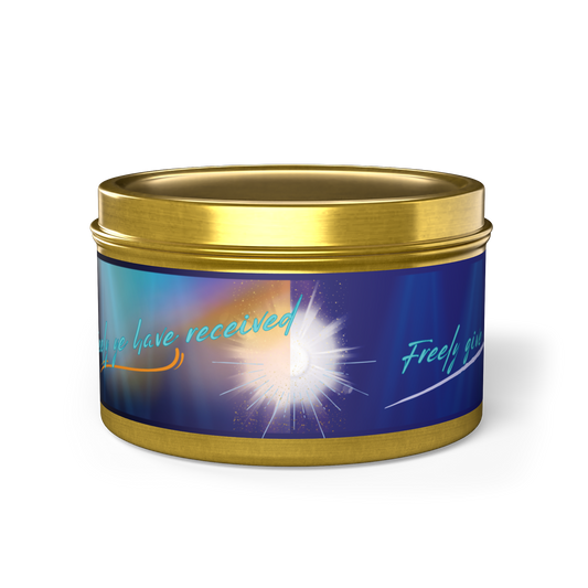 KJV Scripture Candle, Freely Ye Have Received Freely Give verse in steel gold tin container. 5 refreshing scent options and original vibrant blue sunburst design.