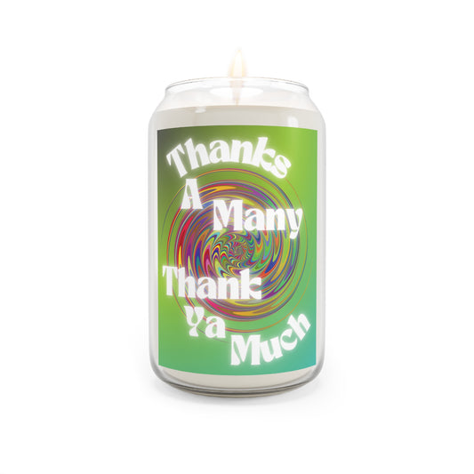 thank you appreciation candle with fun and whimsy spiral design. 16 oz candle in tall clear glass and soft, natural soy blend wax.