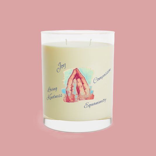 wisdom candle with joy compassion loving kindness equanimity message and enmeshed prayer hands design. 3 soothing scent option in glass container.