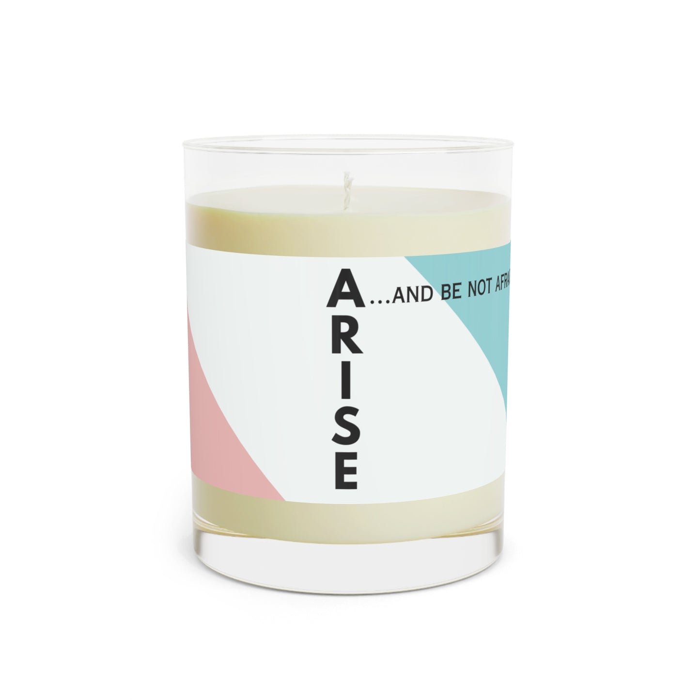 gospel scripture scented candle with Jesus arise and be not afraid verse, lotus design and calming color scheme in glass container