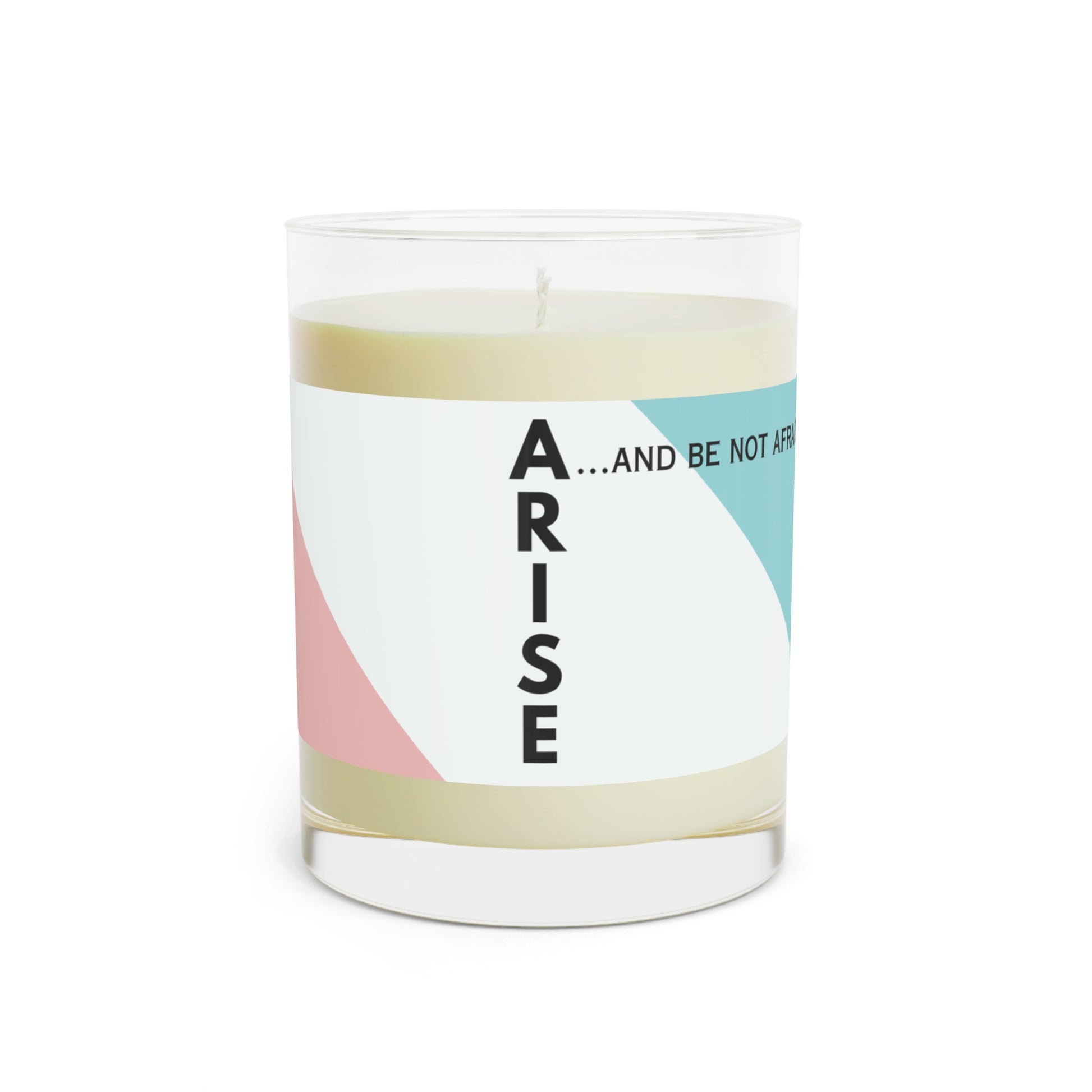 gospel scripture scented candle with Jesus arise and be not afraid verse, lotus design and calming color scheme in glass container
