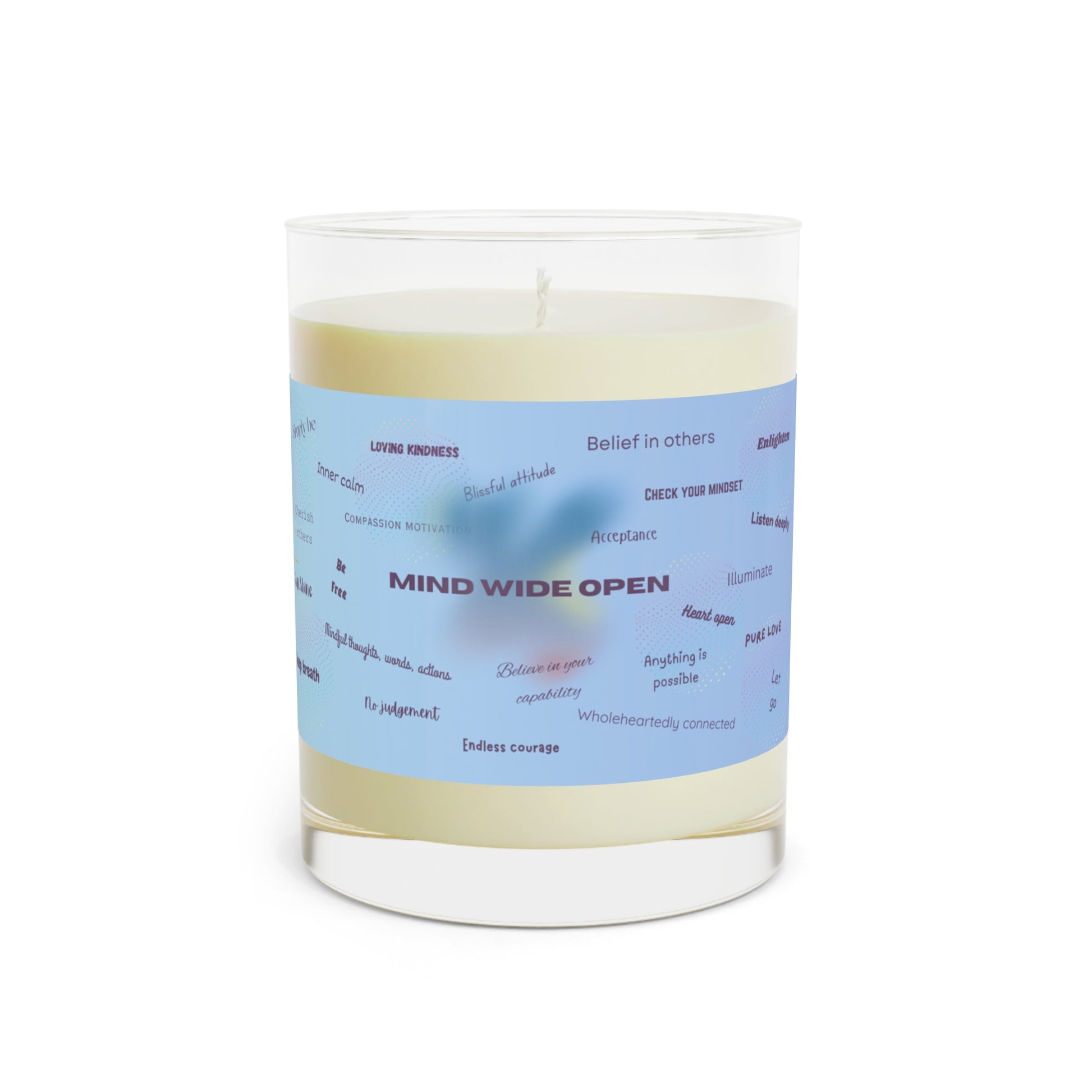 Experience daily positivity and wellness with our mindfulness candle, featuring wisdom sayings and luxuriously calming scents. A wraparound design of inspirational words, two wicks, and hand poured soy.
